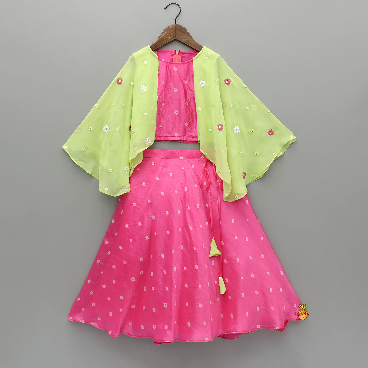 Pink Printed Embroidered Top With Green Contrast Flared Sleeves And Lehenga