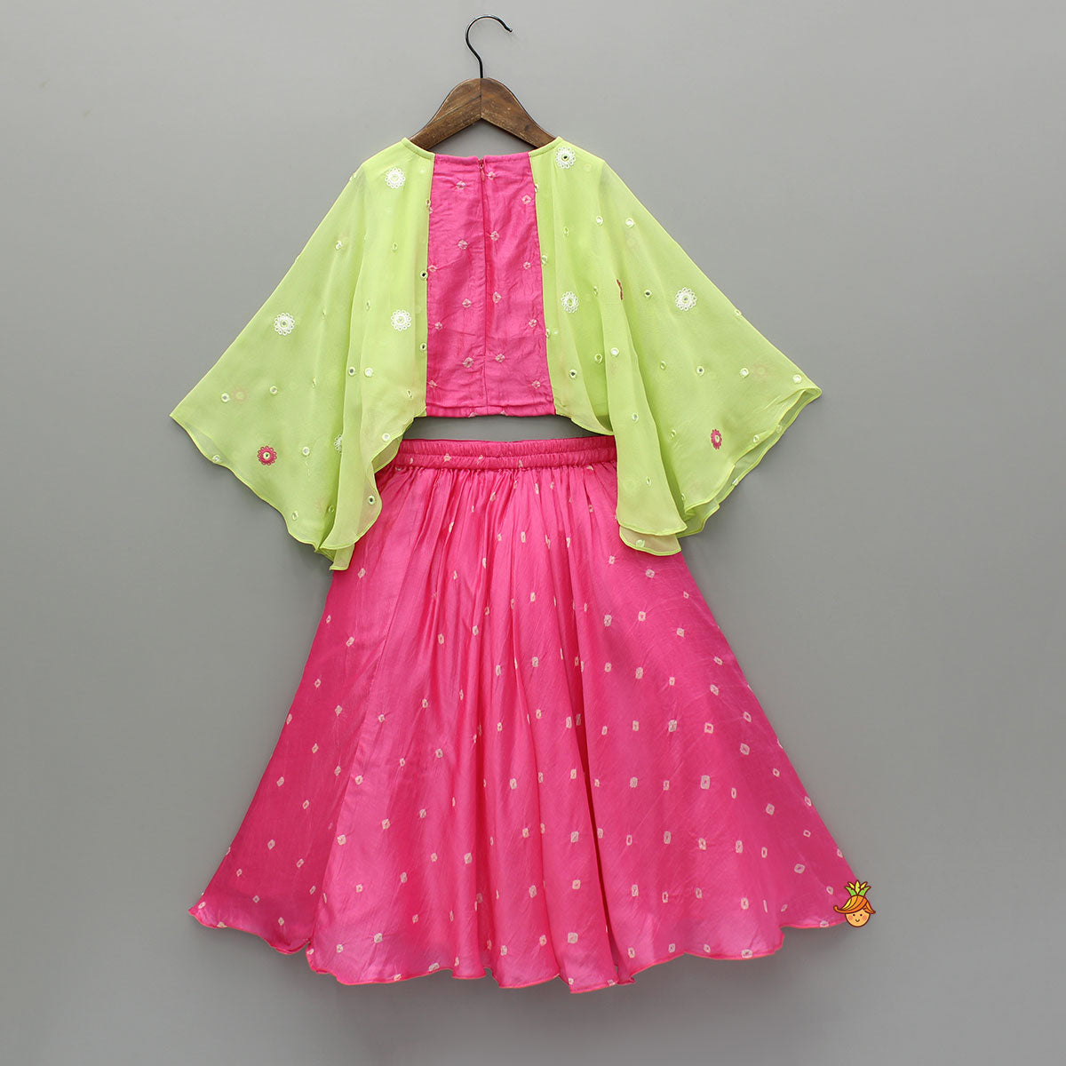 Pink Printed Embroidered Top With Green Contrast Flared Sleeves And Lehenga