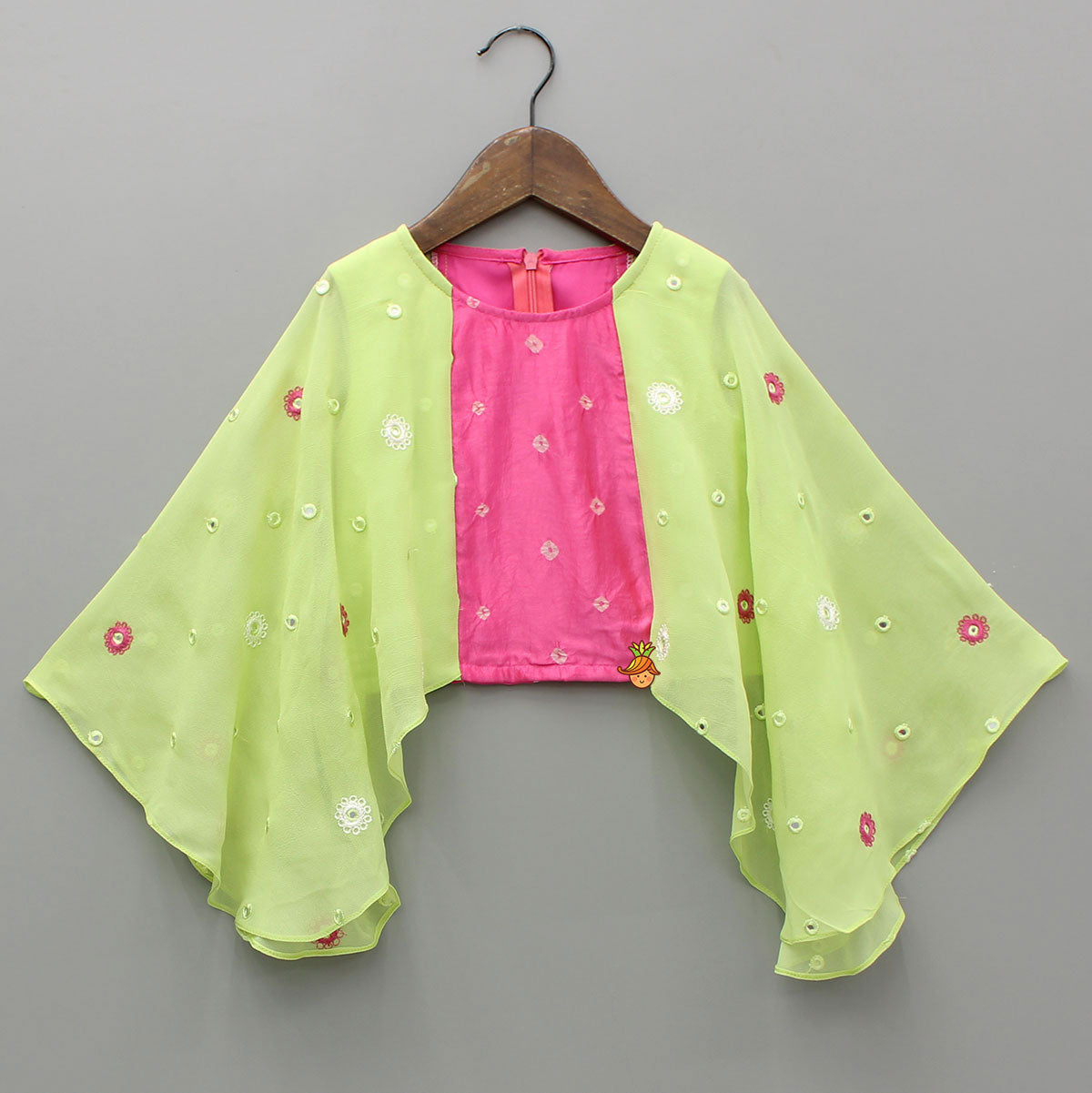 Pink Printed Embroidered Top With Green Contrast Flared Sleeves And Lehenga