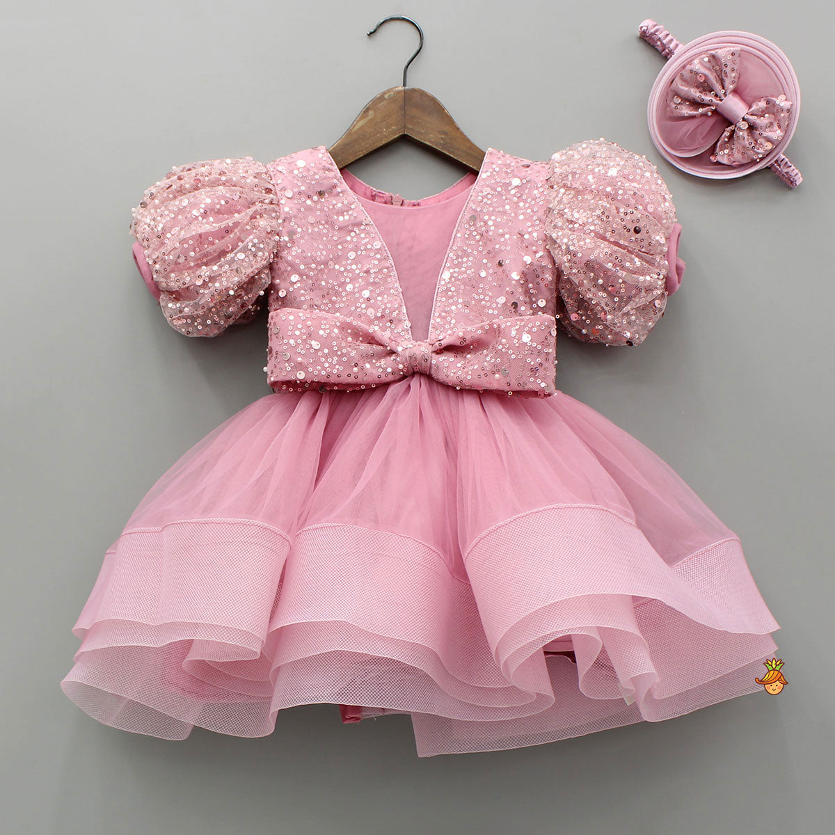 Sequined Detailed Layered Pink Dress With Bows And Matching Swirled Bow Headband