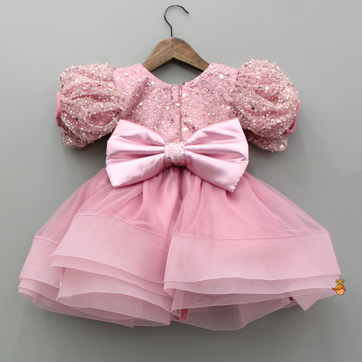 Sequined Detailed Layered Pink Dress With Bows And Matching Swirled Bow Headband