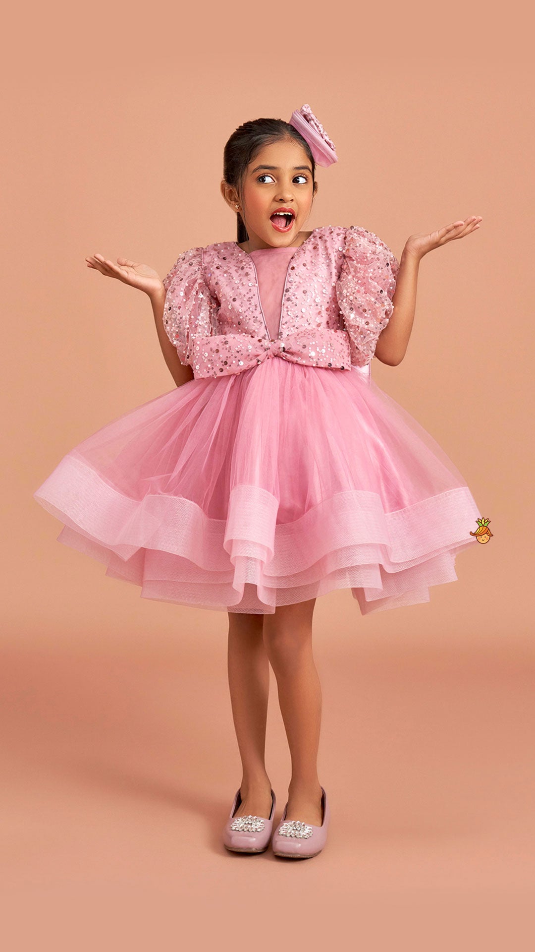 Sequined Detailed Layered Pink Dress With Bows And Matching Swirled Bow Headband