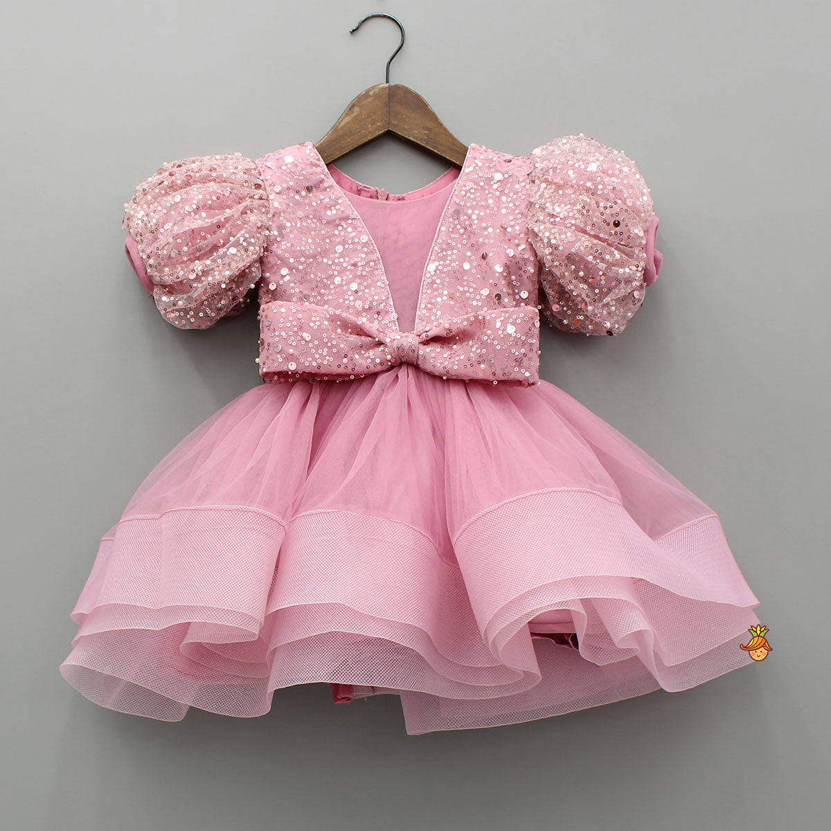 Sequined Detailed Layered Pink Dress With Bows And Matching Swirled Bow Headband