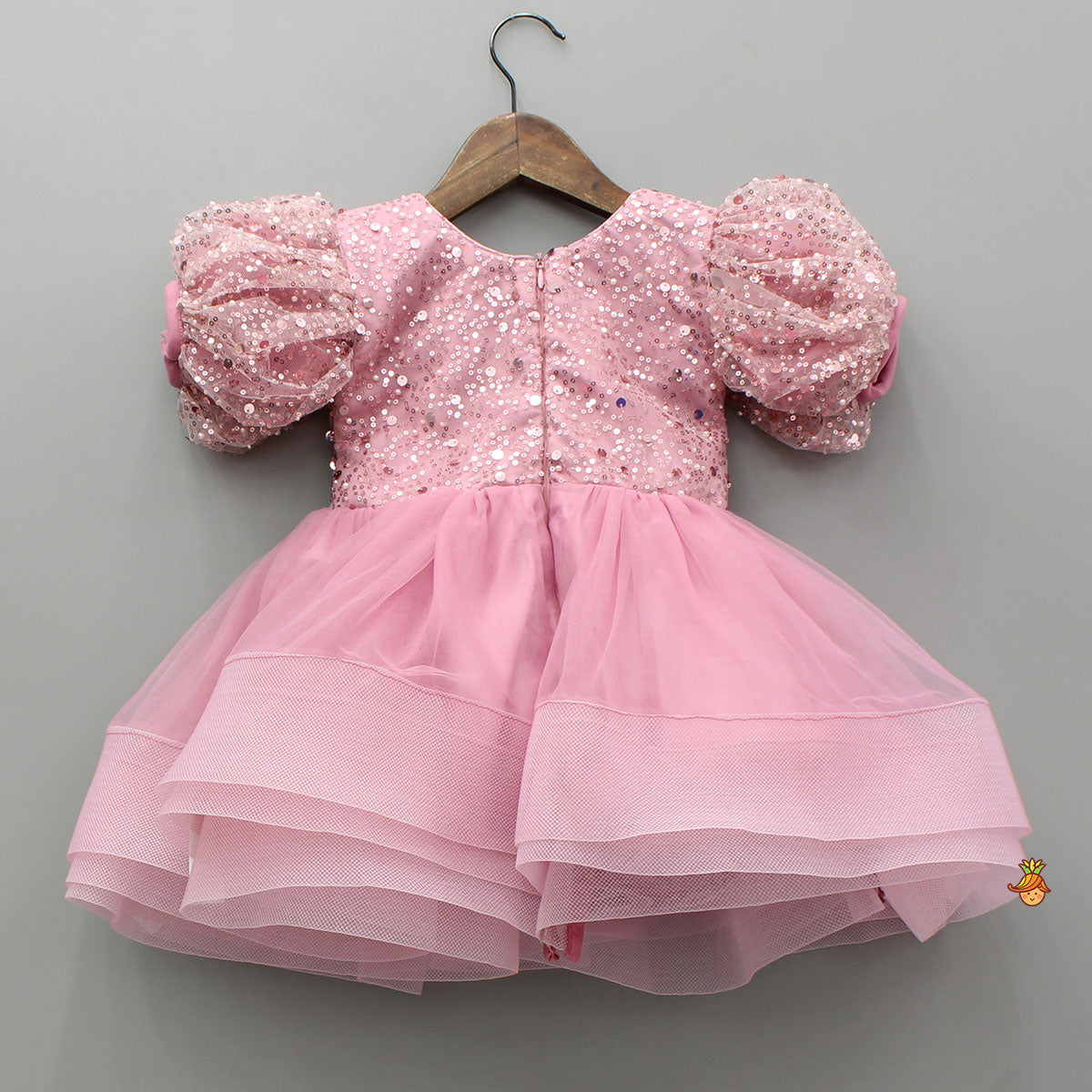 Sequined Detailed Layered Pink Dress With Bows And Matching Swirled Bow Headband