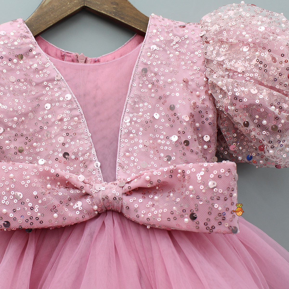 Sequined Detailed Layered Pink Dress With Bows And Matching Swirled Bow Headband