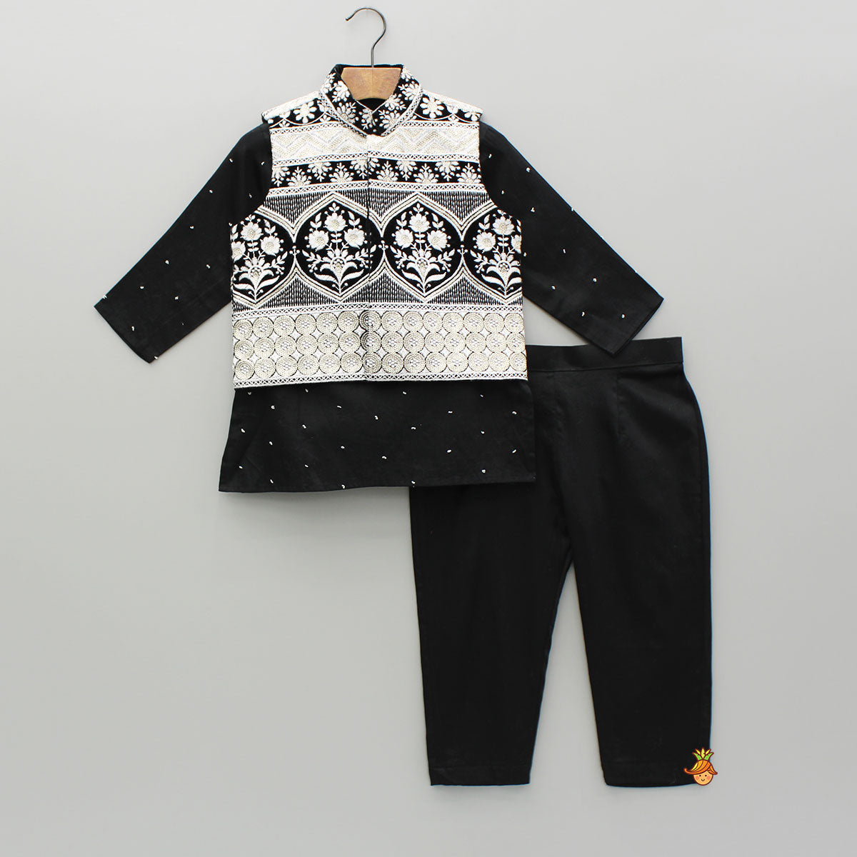 Black Embroidered Kurta And Jacket With Pant