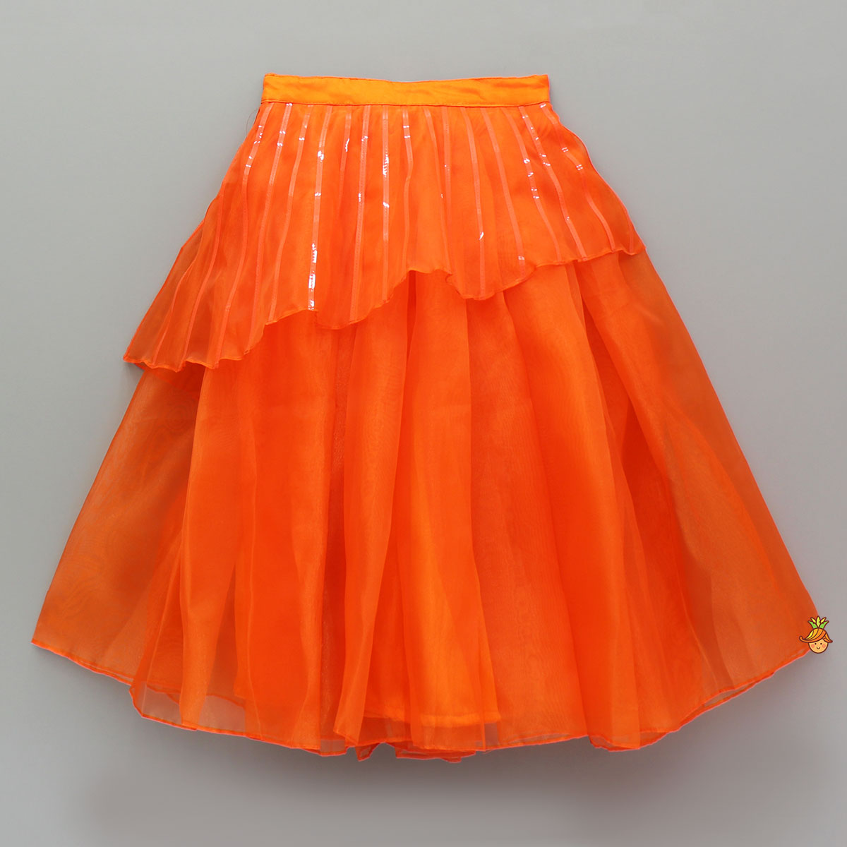 Orange Holographic Lace Detailed Shimmery Top And Layered Lehenga