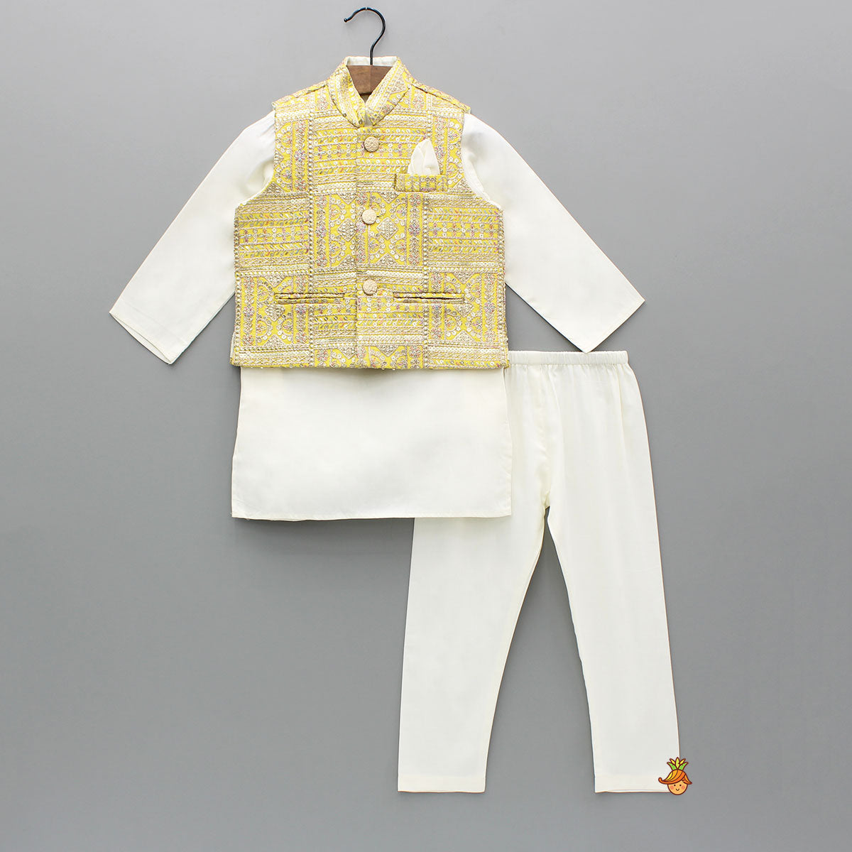 Off White Kurta With Embroidered Jacket And Pyjama