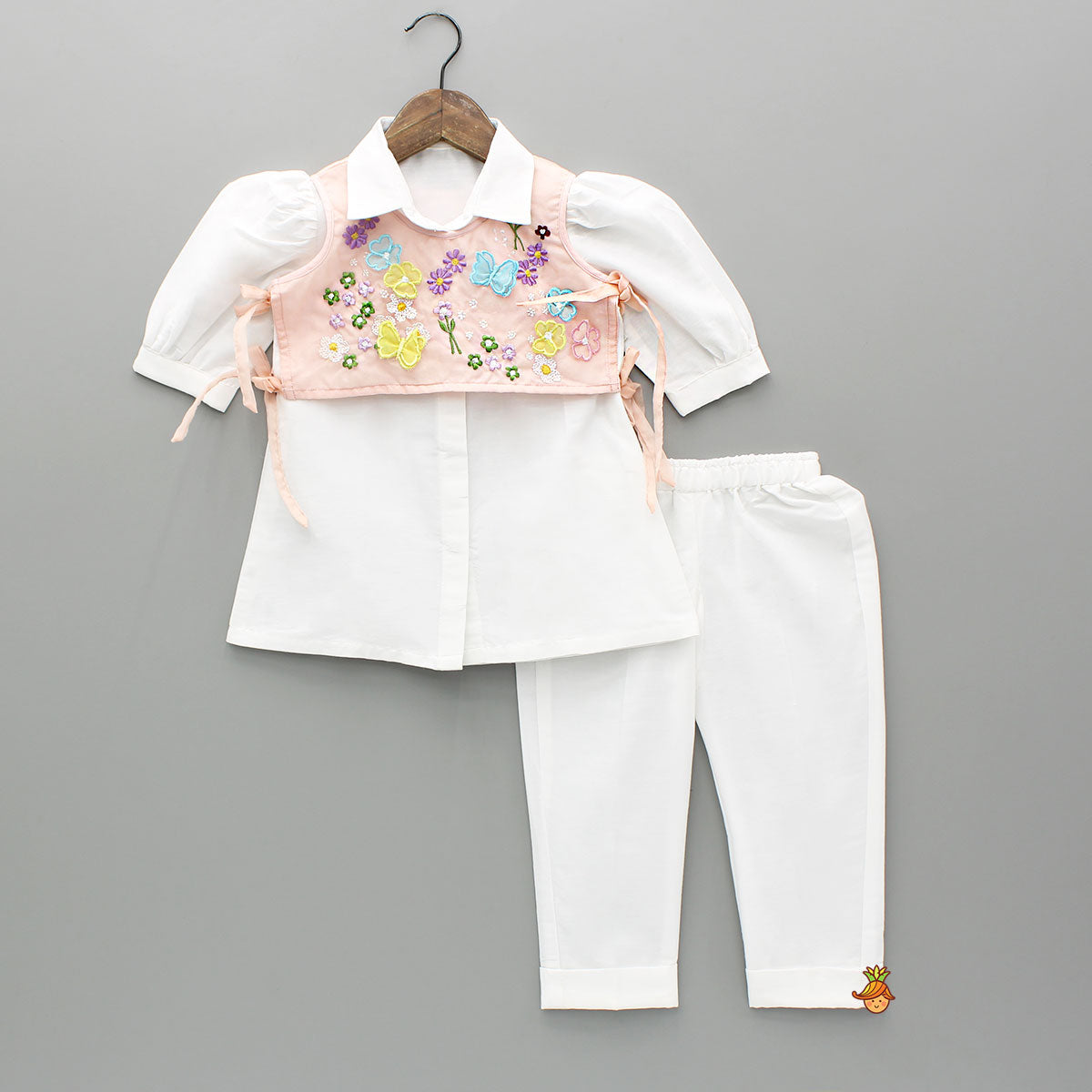 Elegant Shirt Style Top With Peach Embroidered Embellished Jacket And Pant