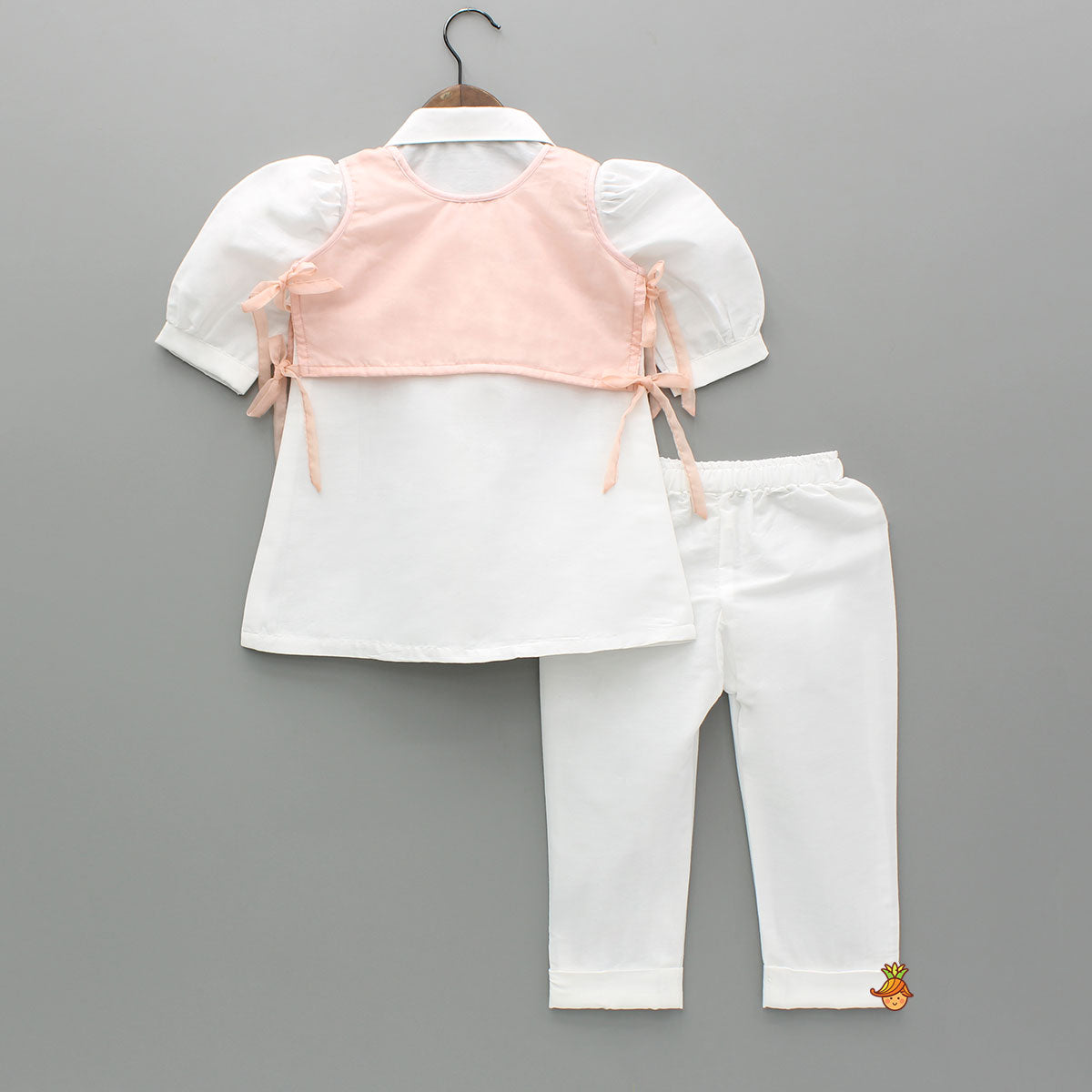 Elegant Shirt Style Top With Peach Embroidered Embellished Jacket And Pant