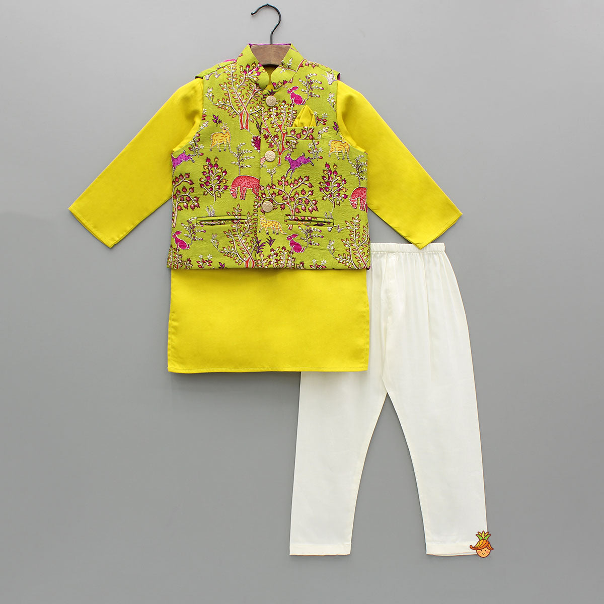 Mustard Kurta With Embroidered Printed Jacket And Pyjama