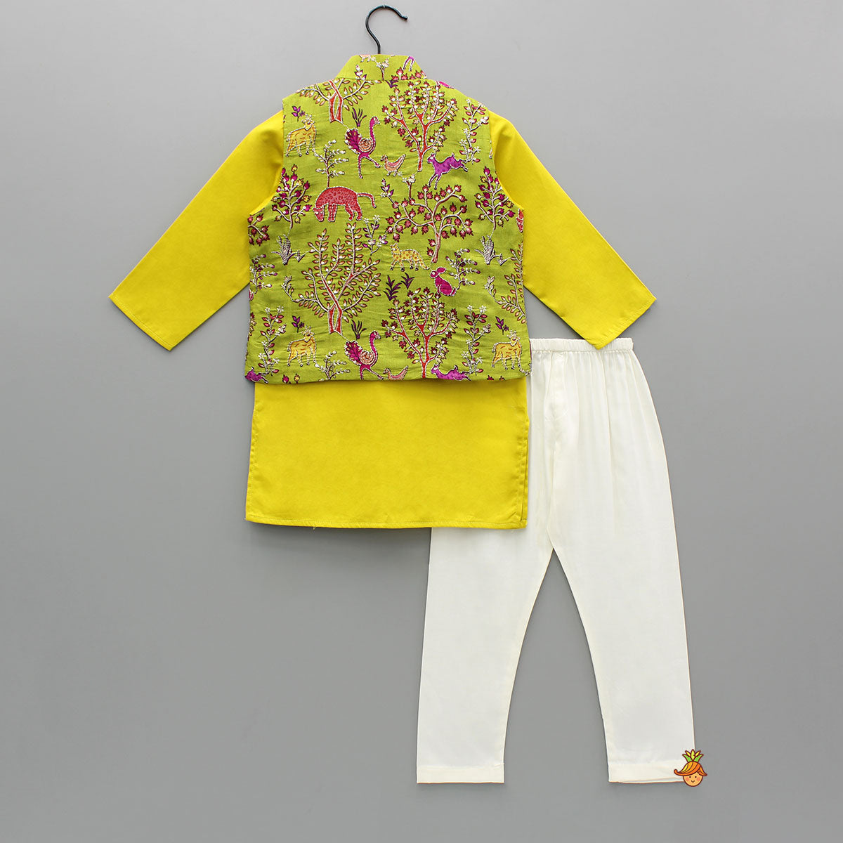 Mustard Kurta With Embroidered Printed Jacket And Pyjama