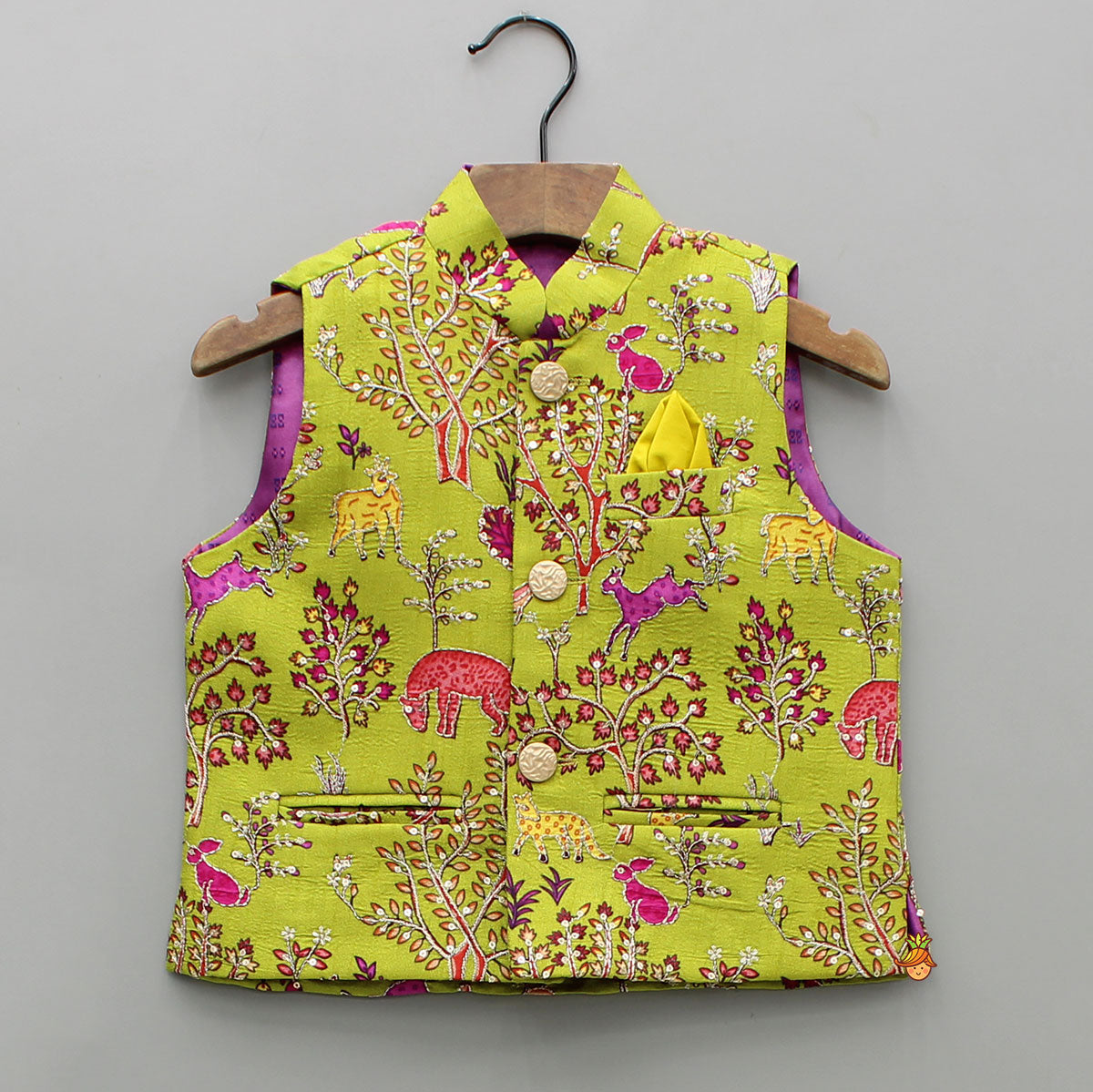 Mustard Kurta With Embroidered Printed Jacket And Pyjama