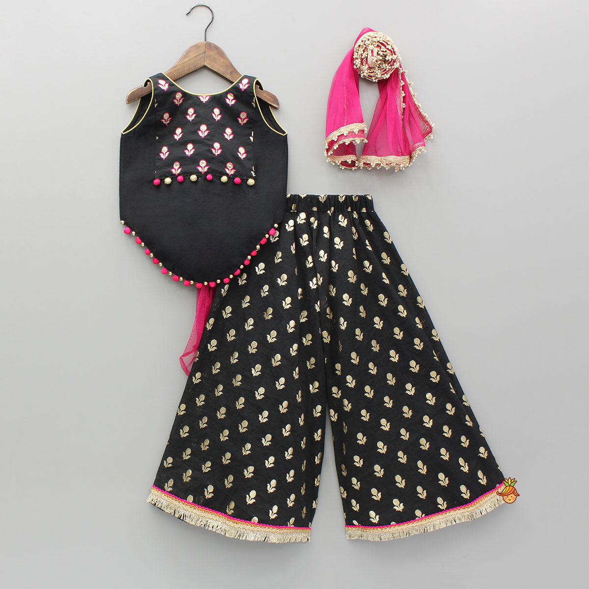 Black Chanderi Embroidered Top And Palazzo With Dupatta