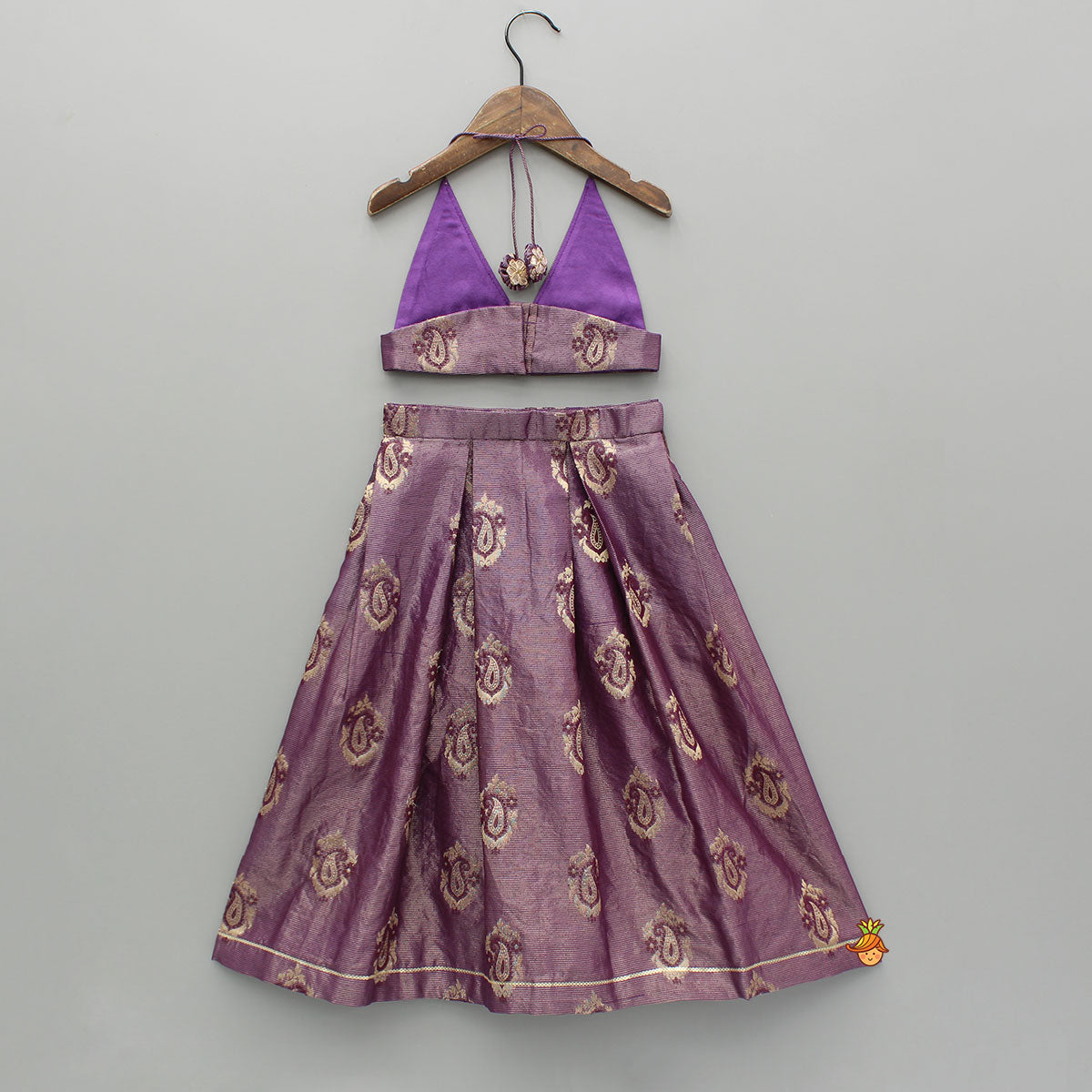 Purple Chanderi Embroidered Halter Neck Backless Top And Lehenga