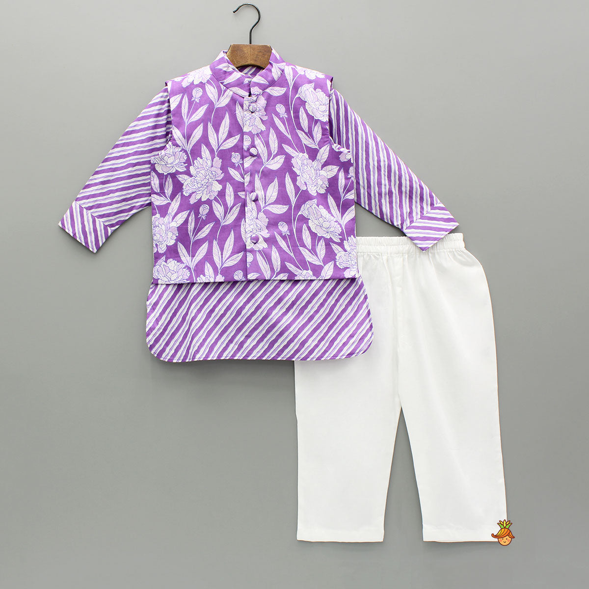 Purple Striped Kurta And Floral Printed Jacket With Pyjama