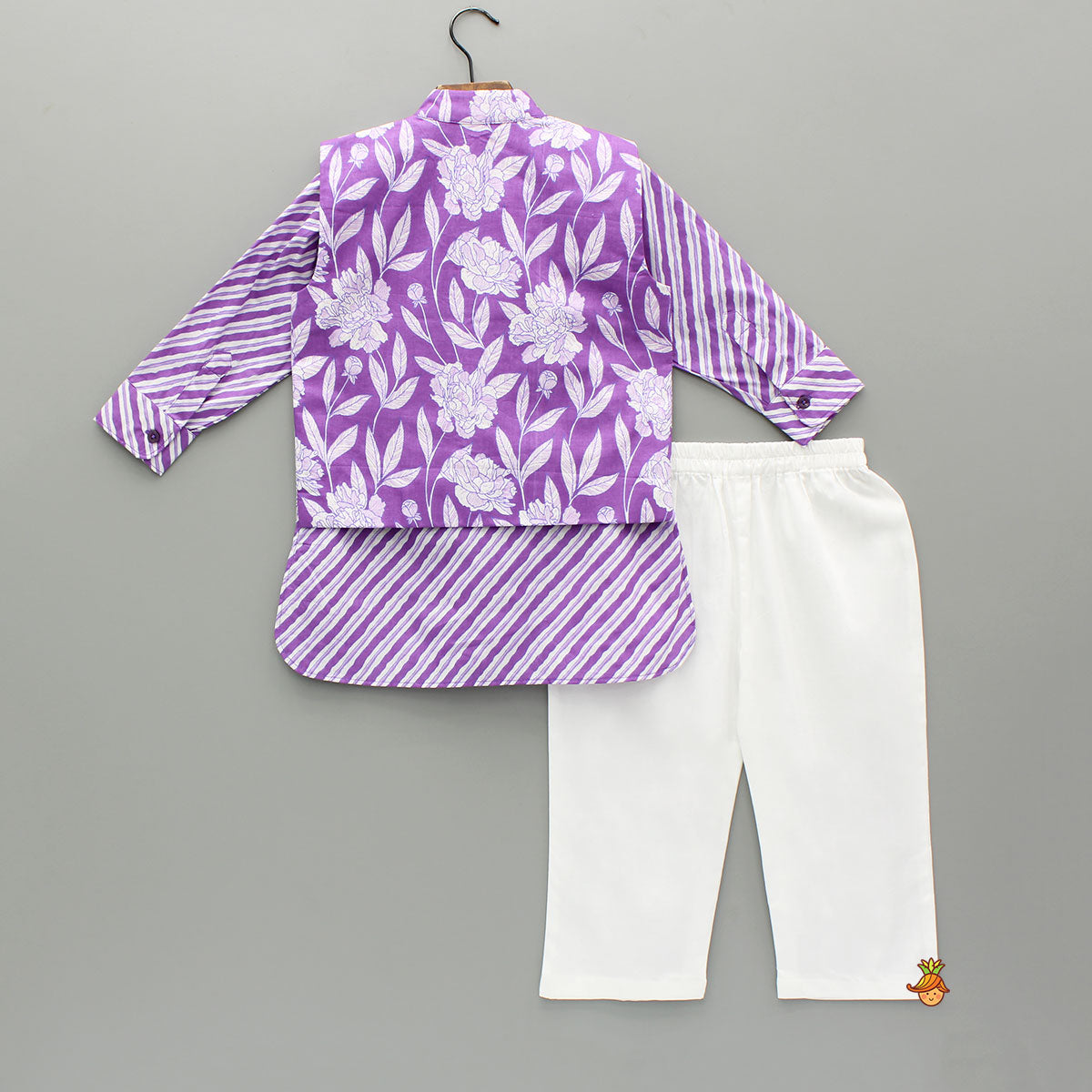 Purple Striped Kurta And Floral Printed Jacket With Pyjama