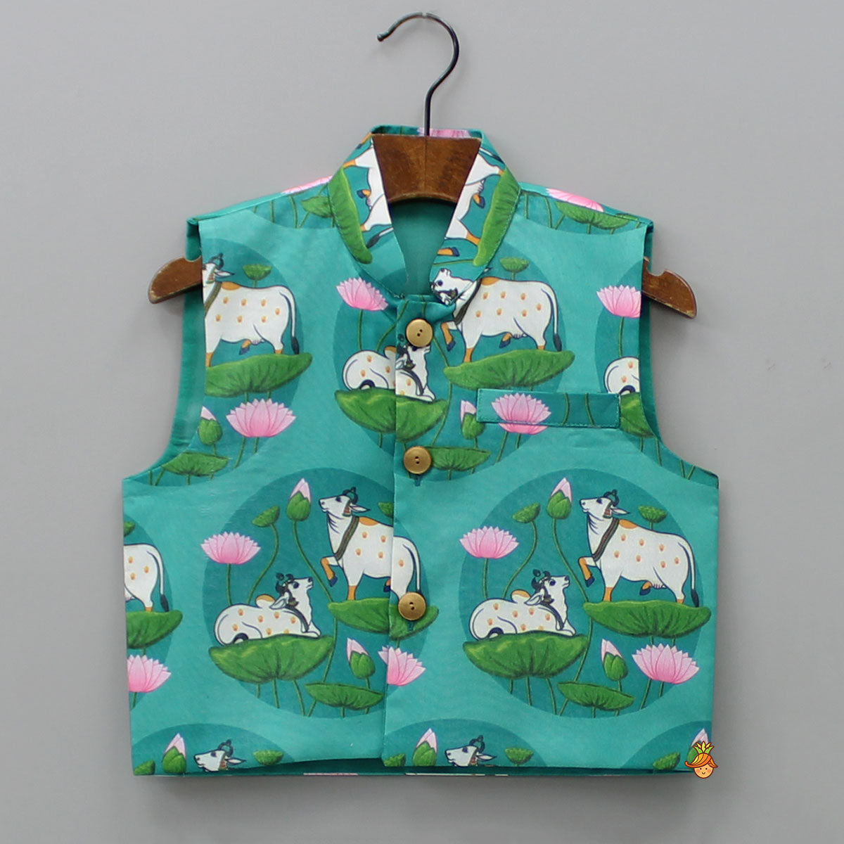Silk Green Kurta With Front Open Pocket Detail Printed Jacket And Cotton Pyjama