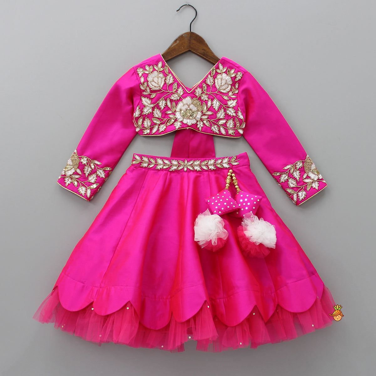 Pink Embroidered Top And Scalloped Hem Lehenga With Dupatta