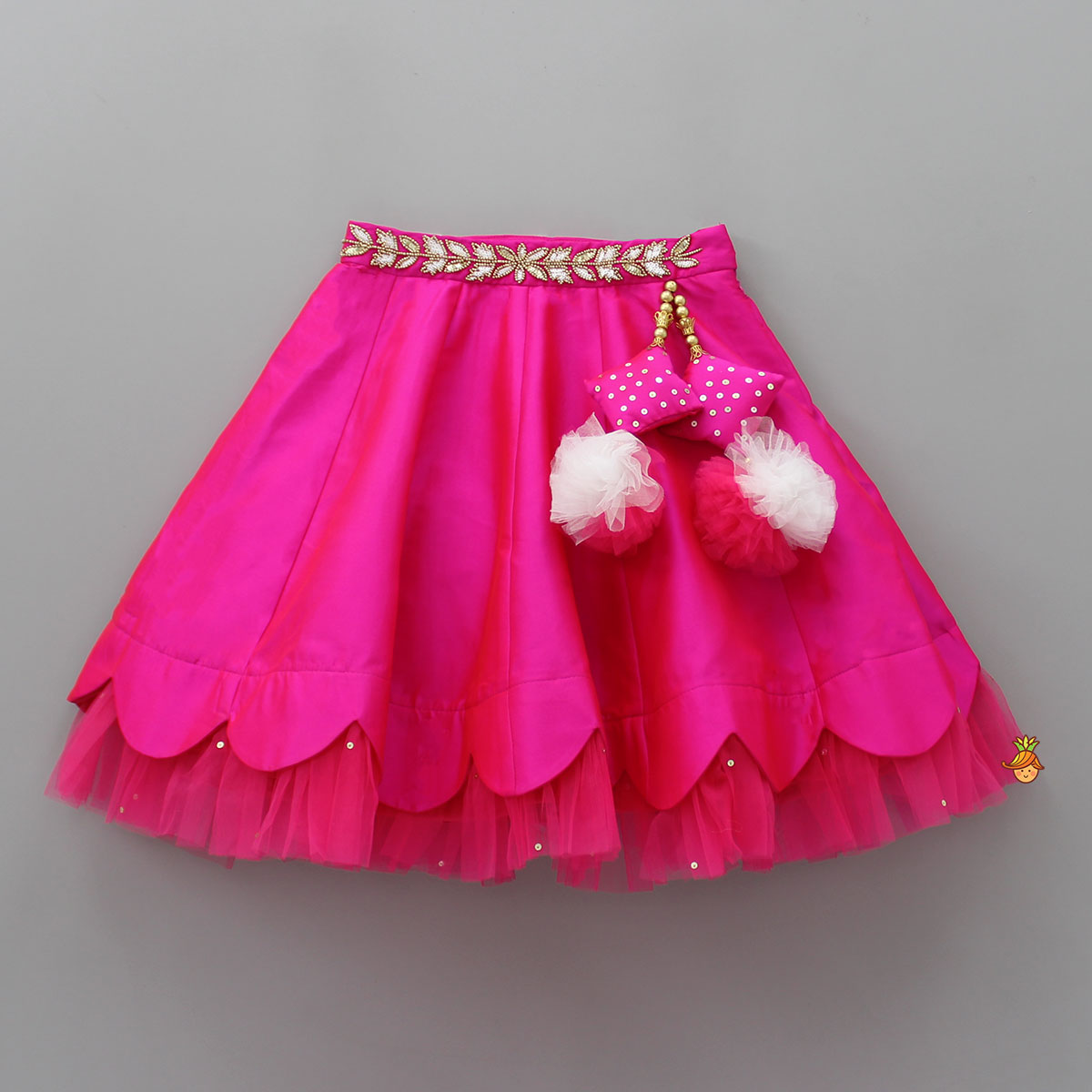 Pink Embroidered Top And Scalloped Hem Lehenga With Dupatta