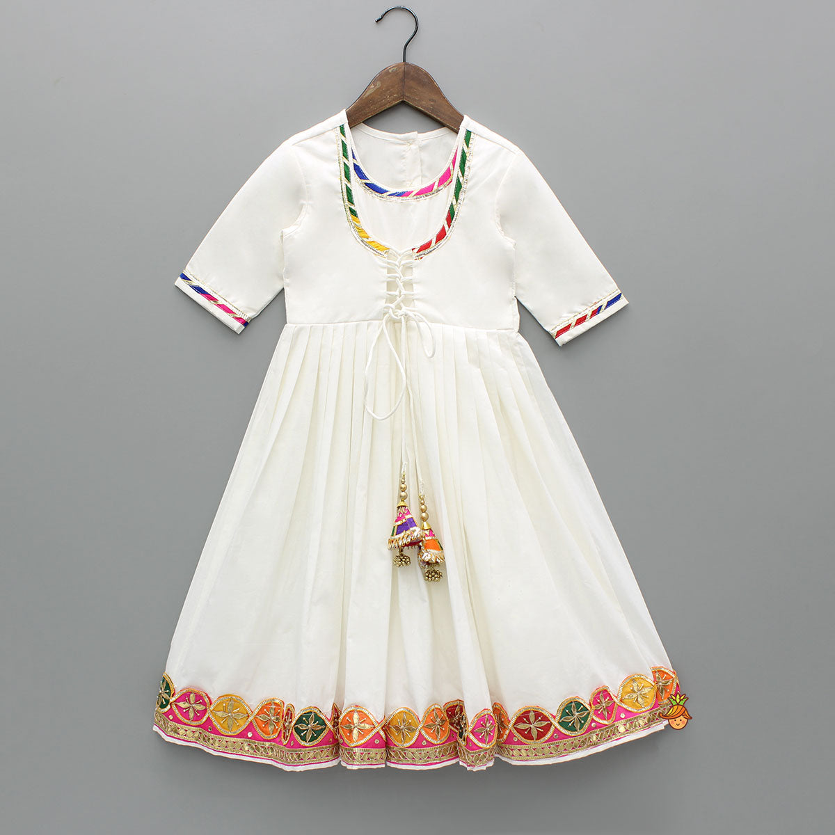 White Multicolour Embroidered Kurti With Gota Lace Detailing