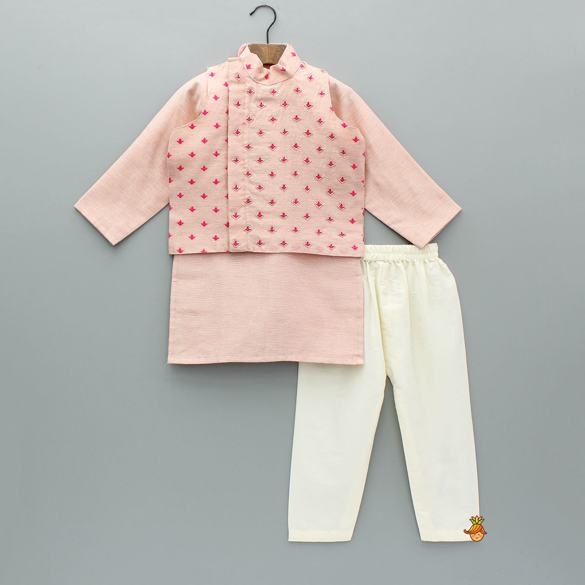 Pink Chanderi Kurta With Stylish Embroidered Jacket And Pyjama