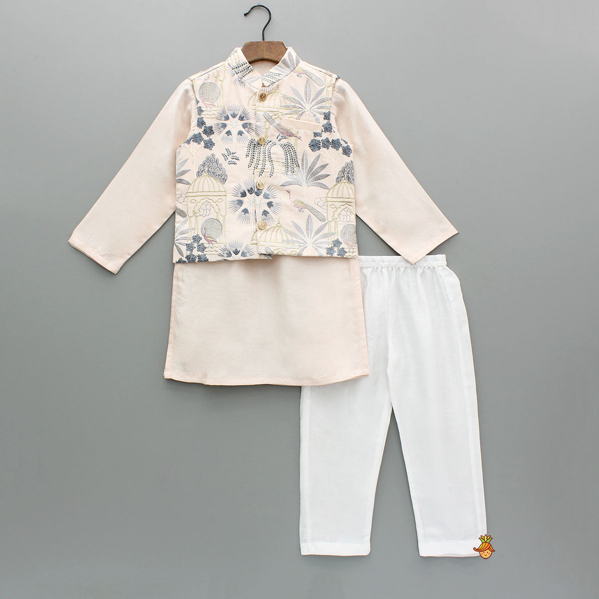 Cream Kurta With Embroidered Jacket And Pyjama