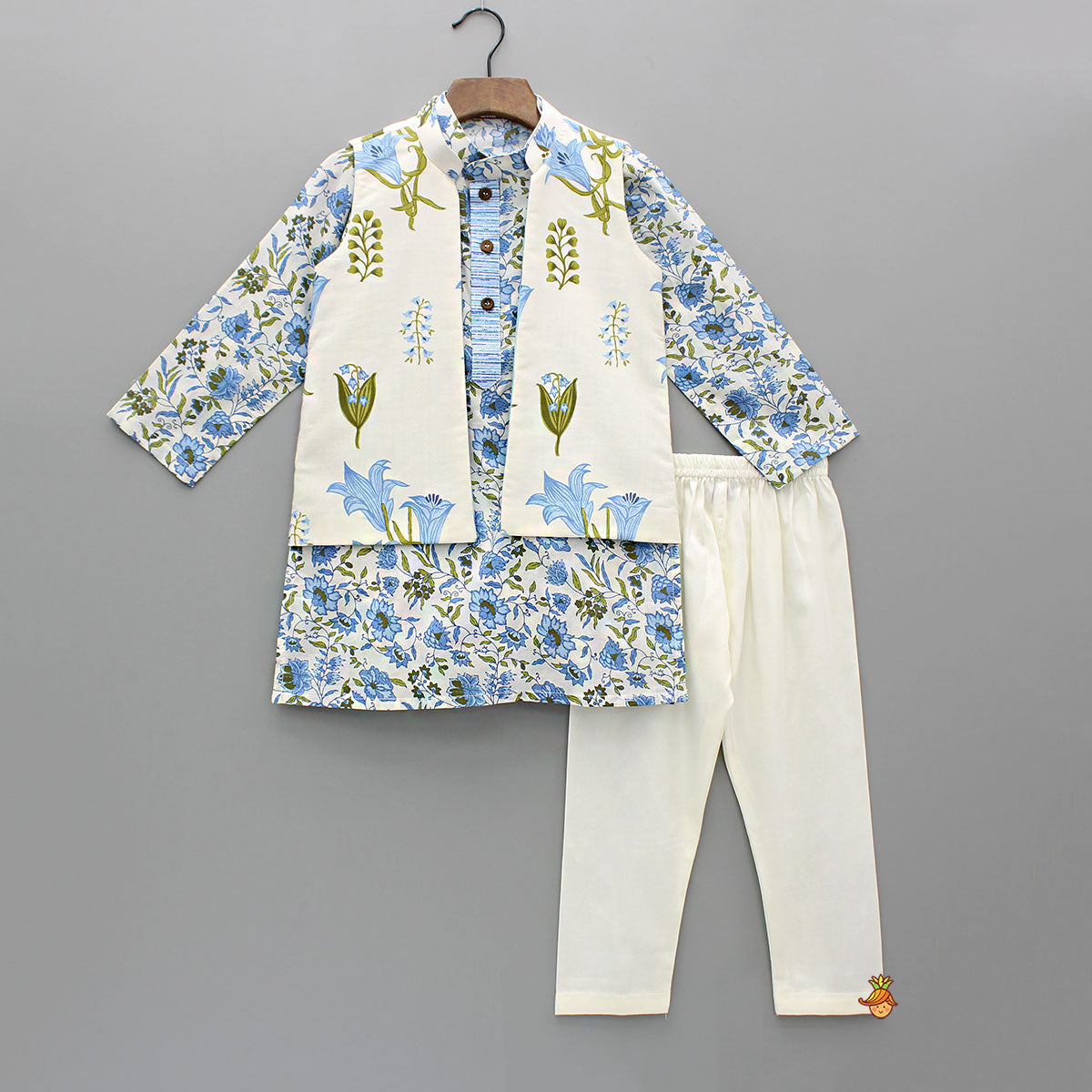 Blue Floral Printed Kurta With Front Open Jacket And Pyjama