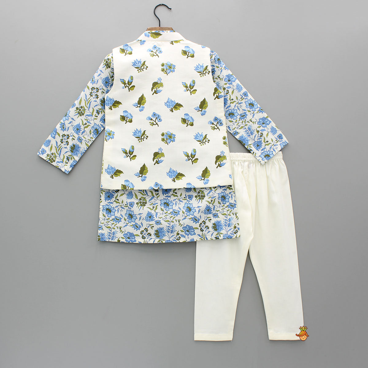 Blue Floral Printed Kurta With Front Open Jacket And Pyjama