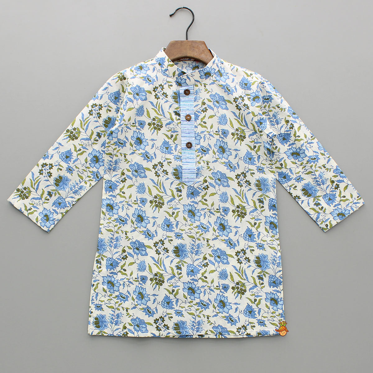 Blue Floral Printed Kurta With Front Open Jacket And Pyjama