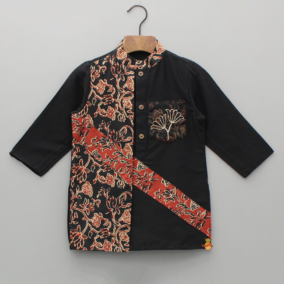 Black Kurta With Printed Flap And Pyjama