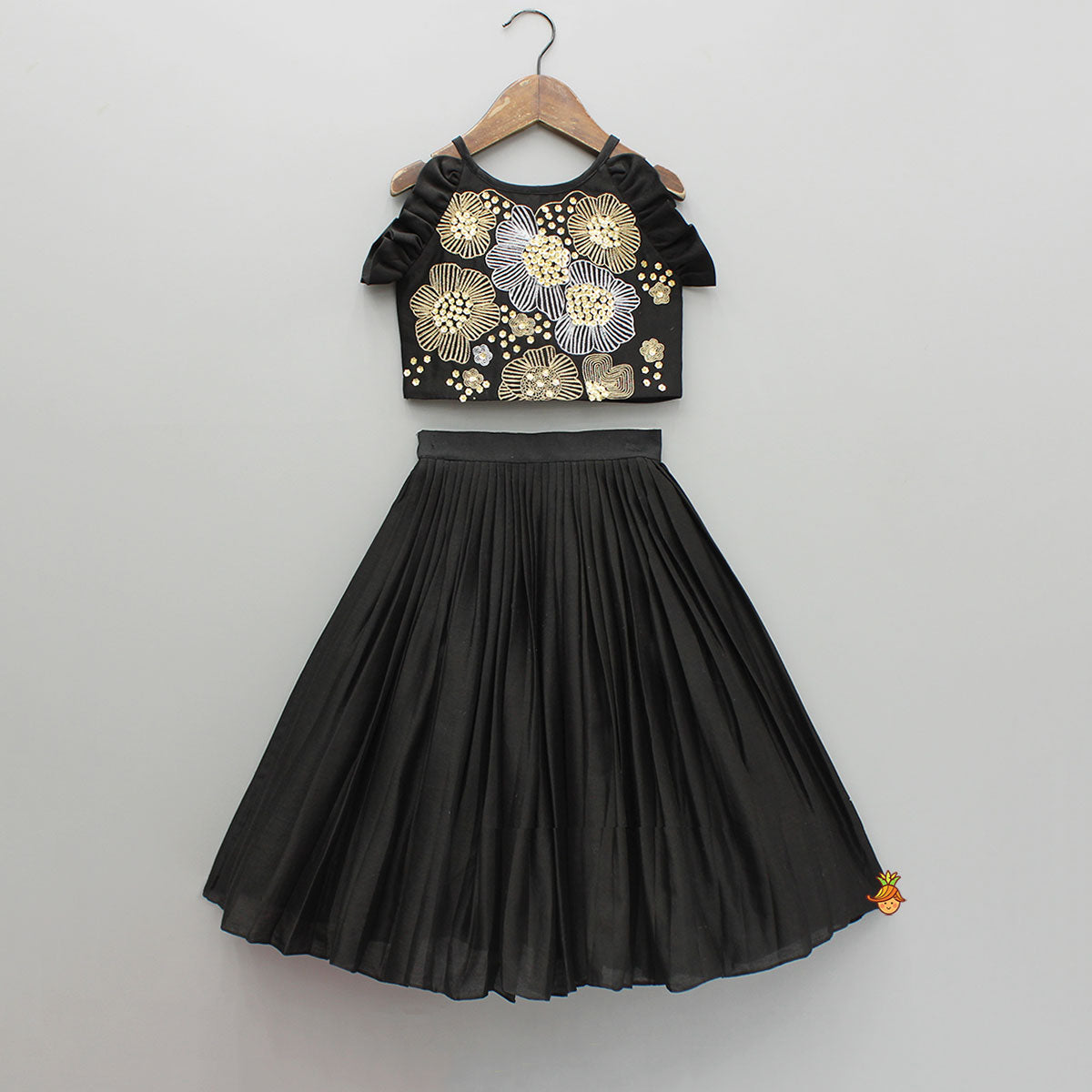 Black Embroidered Sleeveless Frill Top And Pleated Lehenga