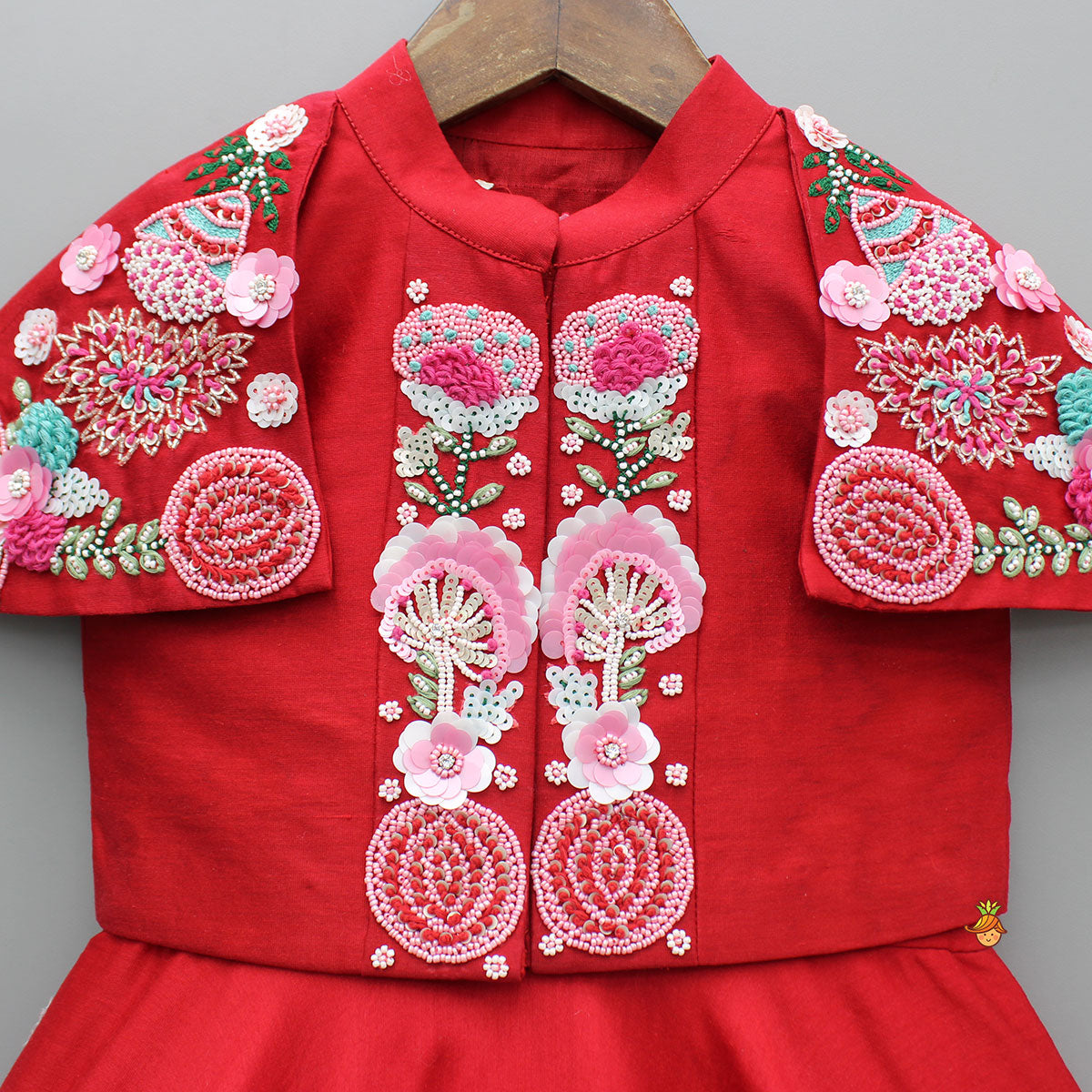 Red Kurti With Embroidered Shoulder Flap Jacket