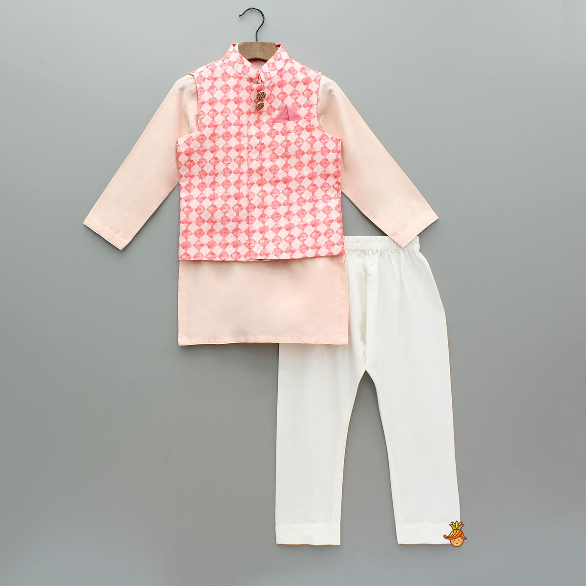 Peach Embroidered Kurta With Printed Jacket And Pyjama