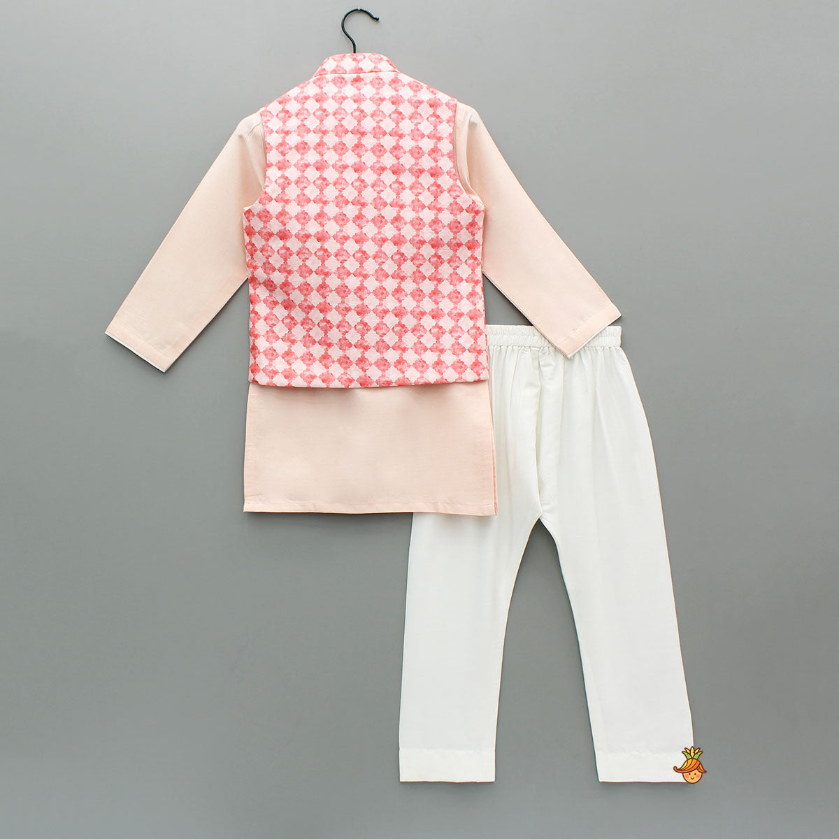 Peach Embroidered Kurta With Printed Jacket And Pyjama