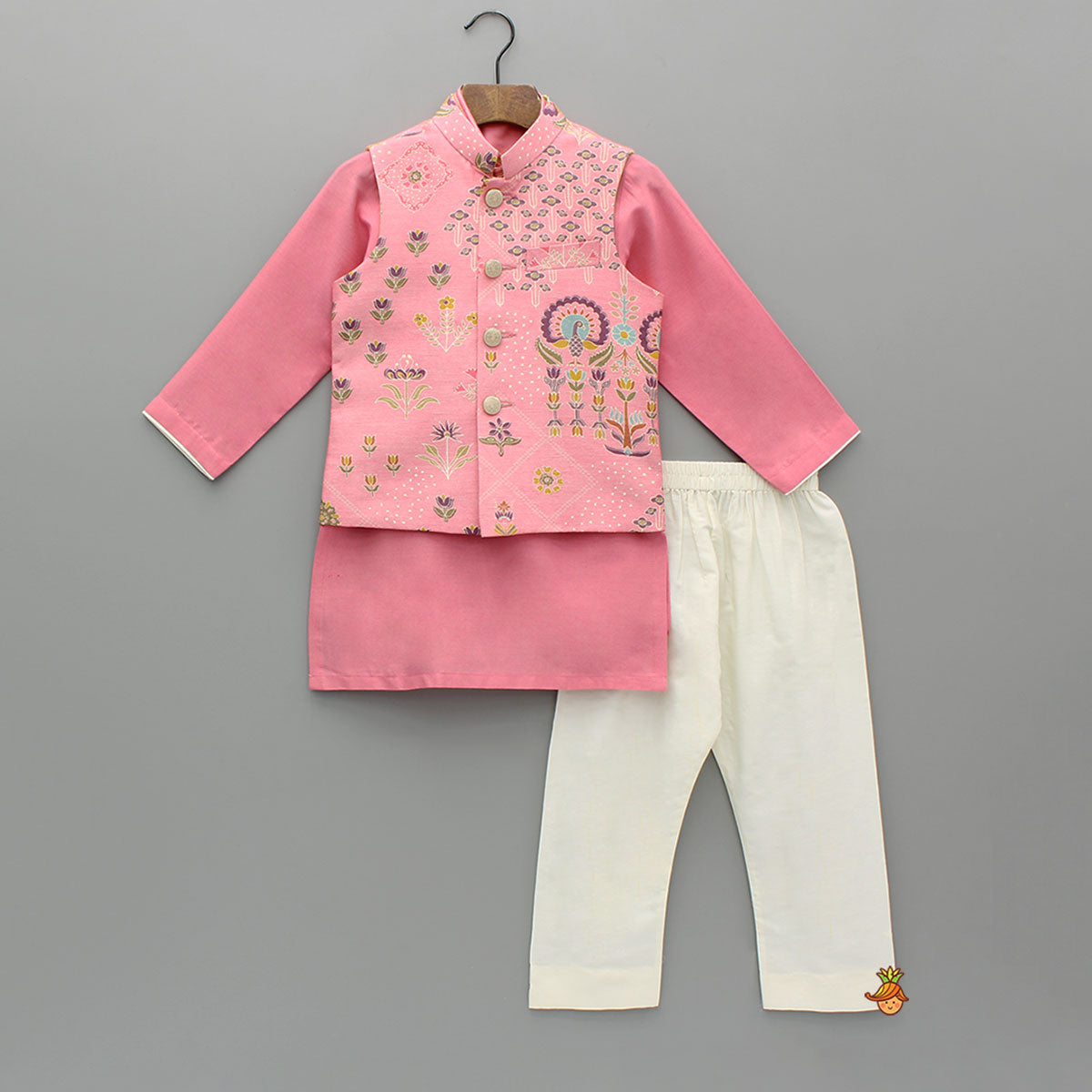 Pink Kurta With Printed Jacket And Pyjama