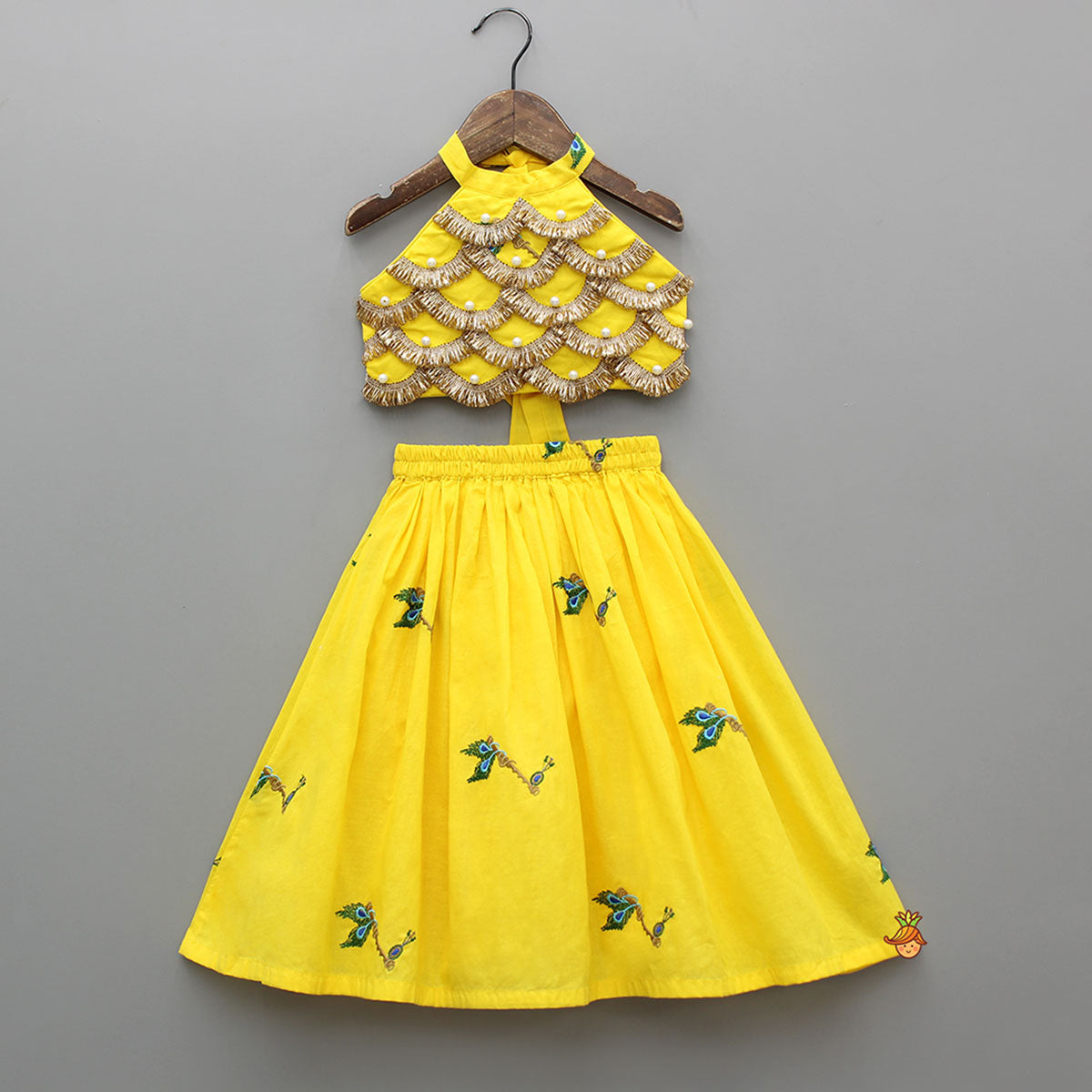 Yellow Embroidered Embellished Halter Neck Top And Lehenga With Head Band