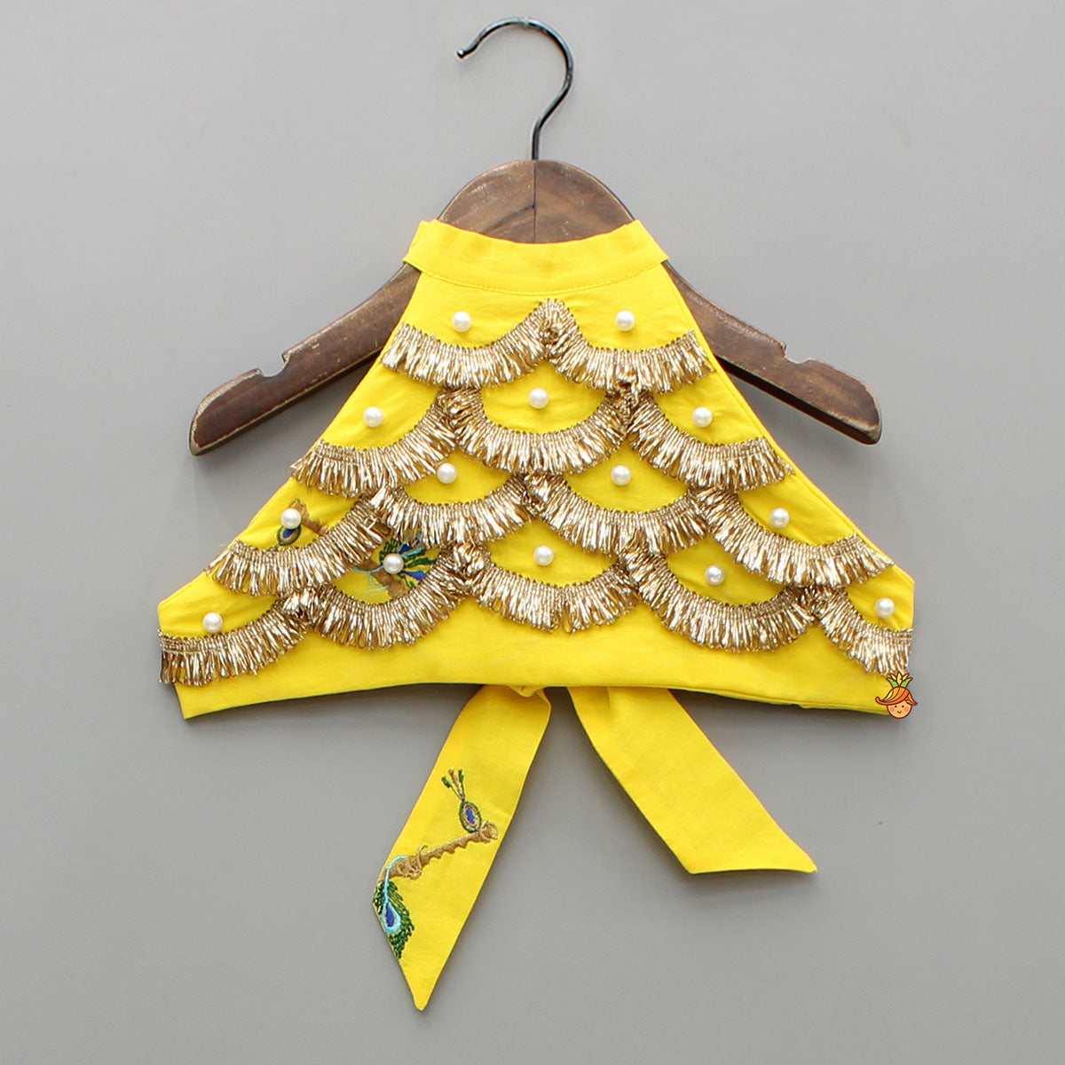 Yellow Embroidered Embellished Halter Neck Top And Lehenga With Head Band