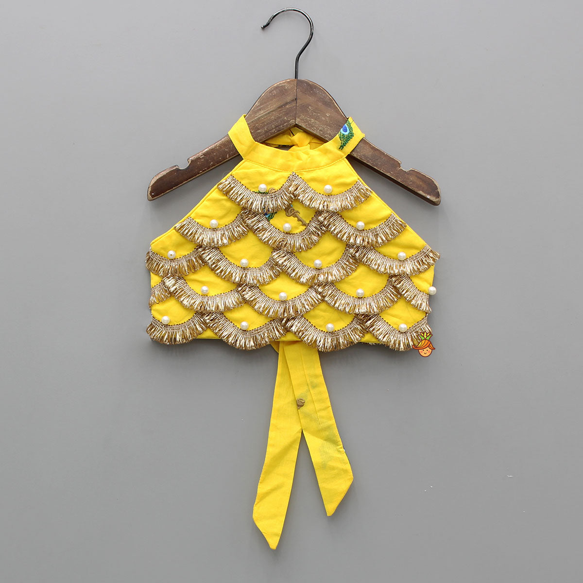 Yellow Embroidered Embellished Halter Neck Top And Lehenga With Head Band