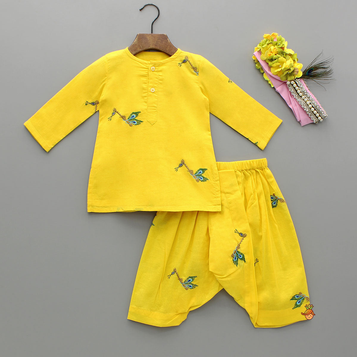 Yellow Embroidered Kurta And Dhoti Style Pant With Head Band