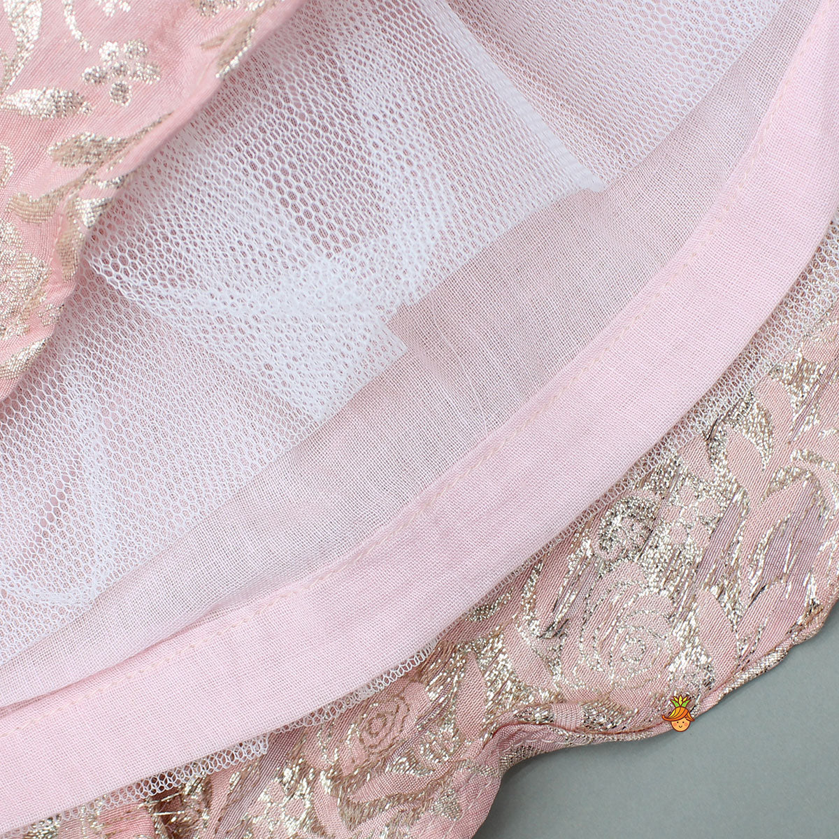 Pink Brocade Top With Embroidered Jacket And Lehenga