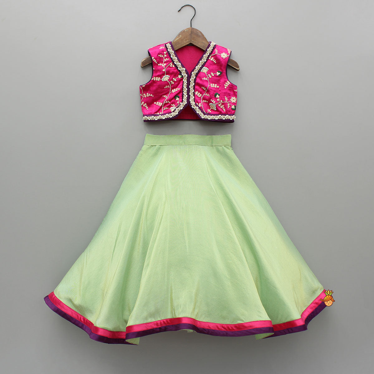 Pink Embroidered Top And Green Lehenga With Dupatta  And Matching Potli Bag