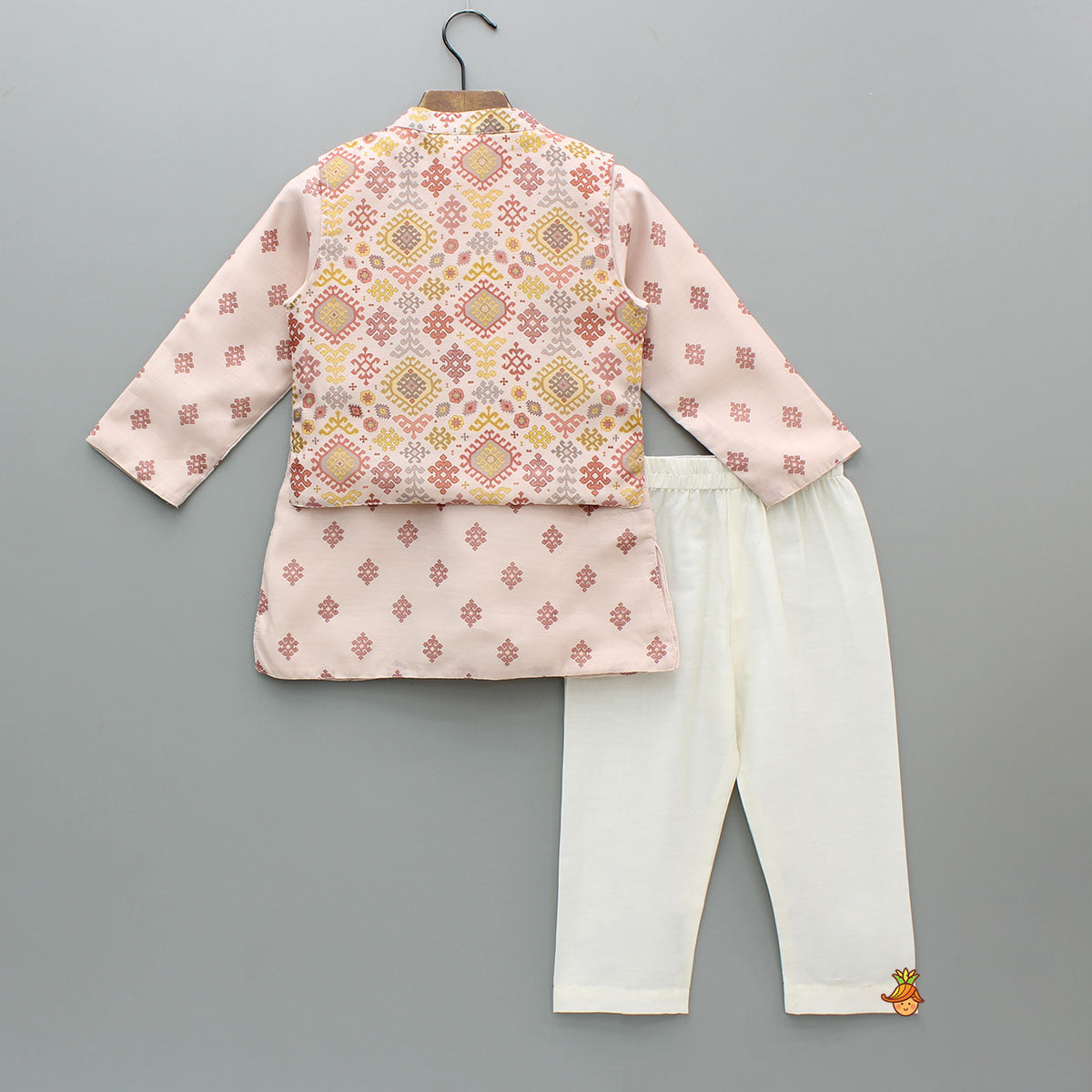 Printed Silk Kurta With Multicolor Printed Jacket And Pyjama