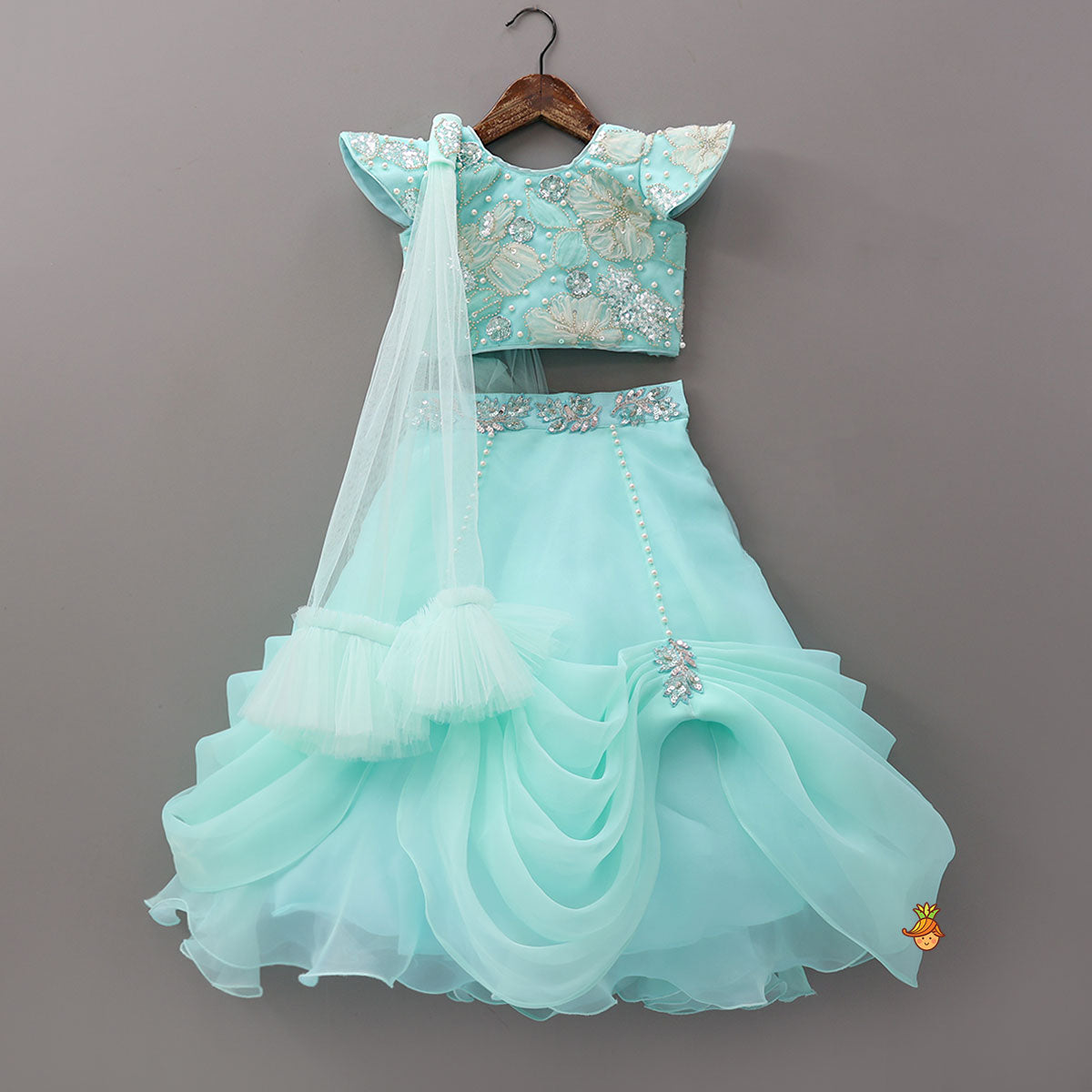 Embroidered And Embellished Top And Lehenga With Dupatta