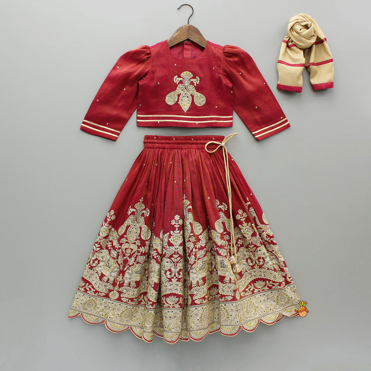 Maroon Embroidered Top And Lehenga With Dupatta