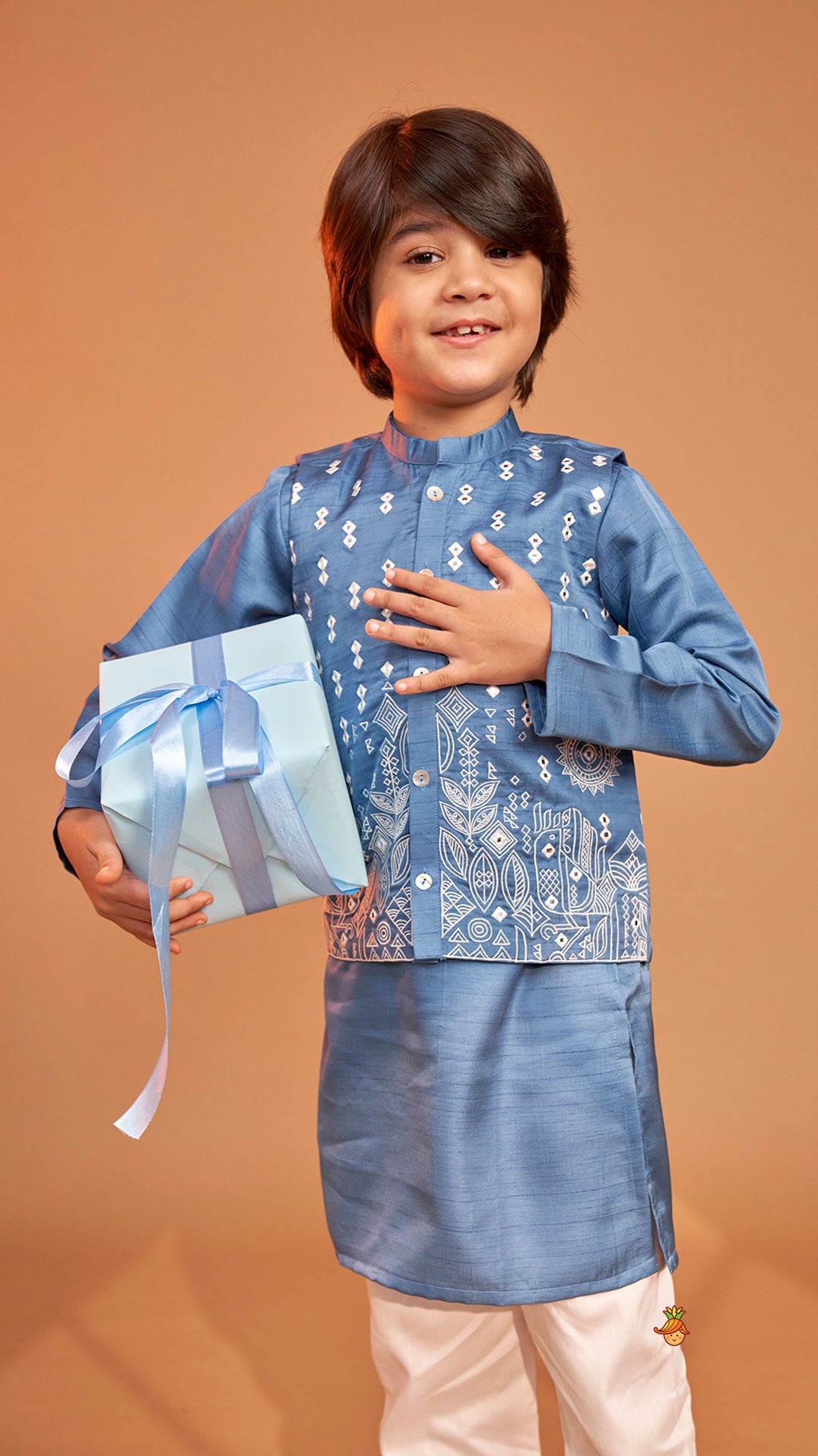 Blue Kurta With Embroidered Jacket And Pyjama