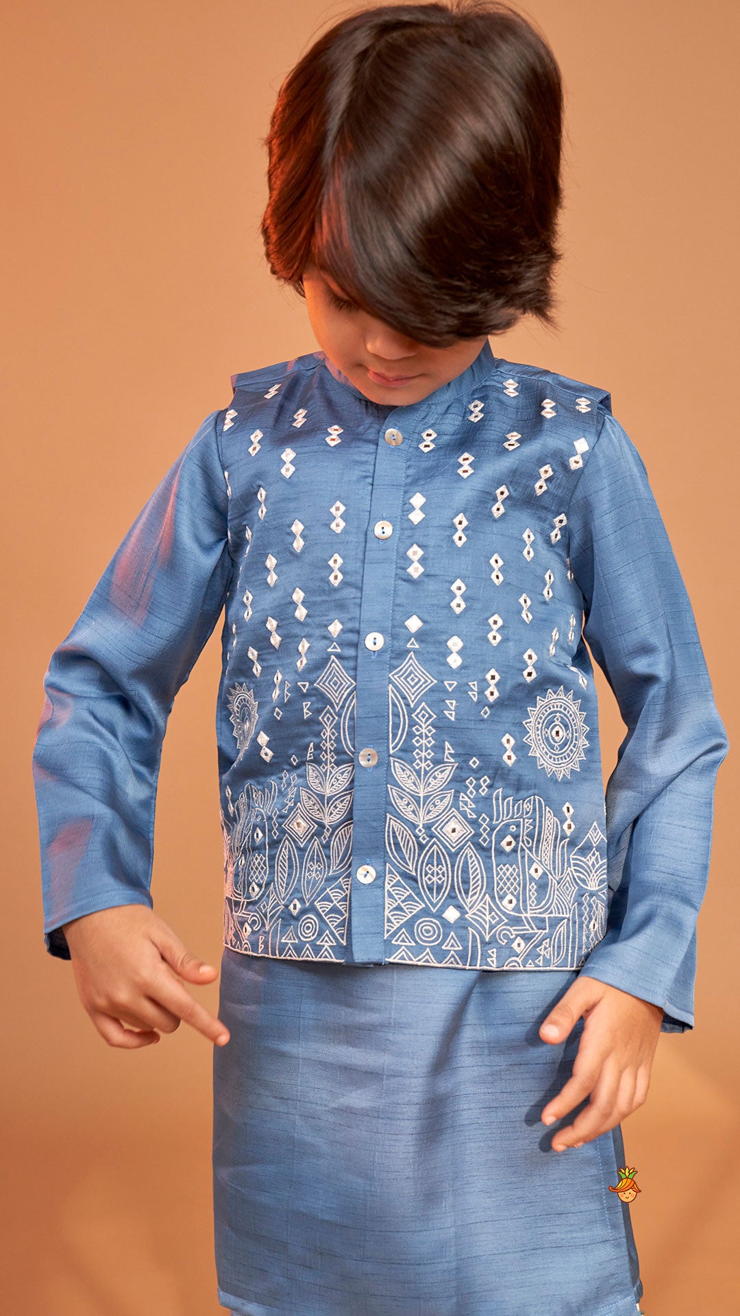 Blue Kurta With Embroidered Jacket And Pyjama