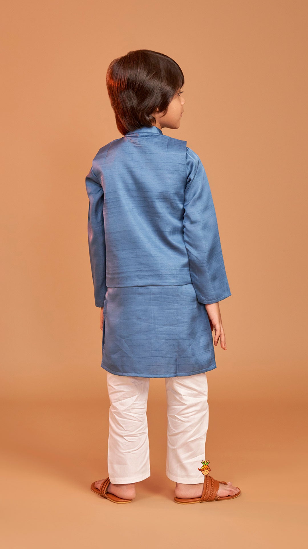 Blue Kurta With Embroidered Jacket And Pyjama