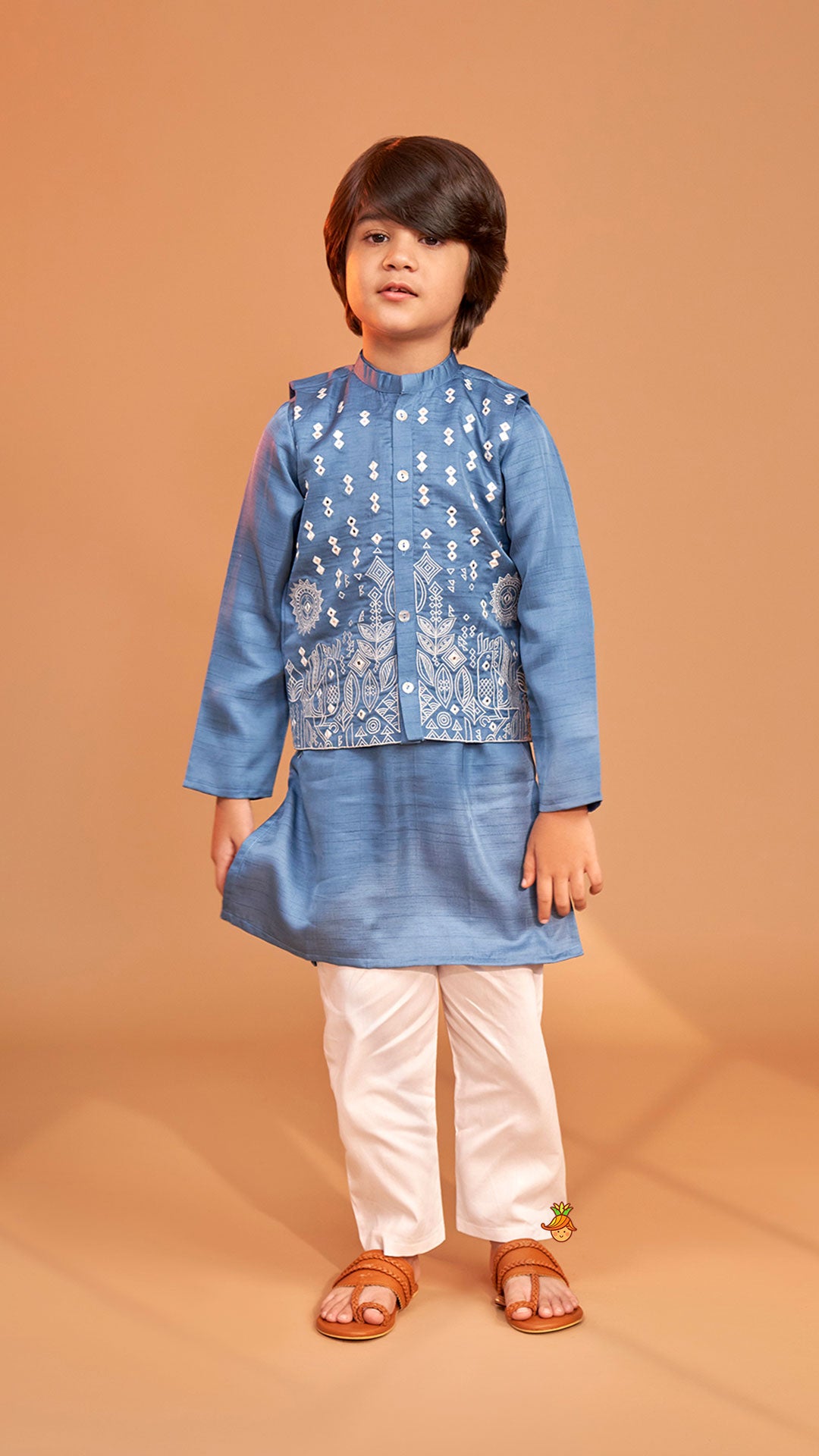 Blue Kurta With Embroidered Jacket And Pyjama