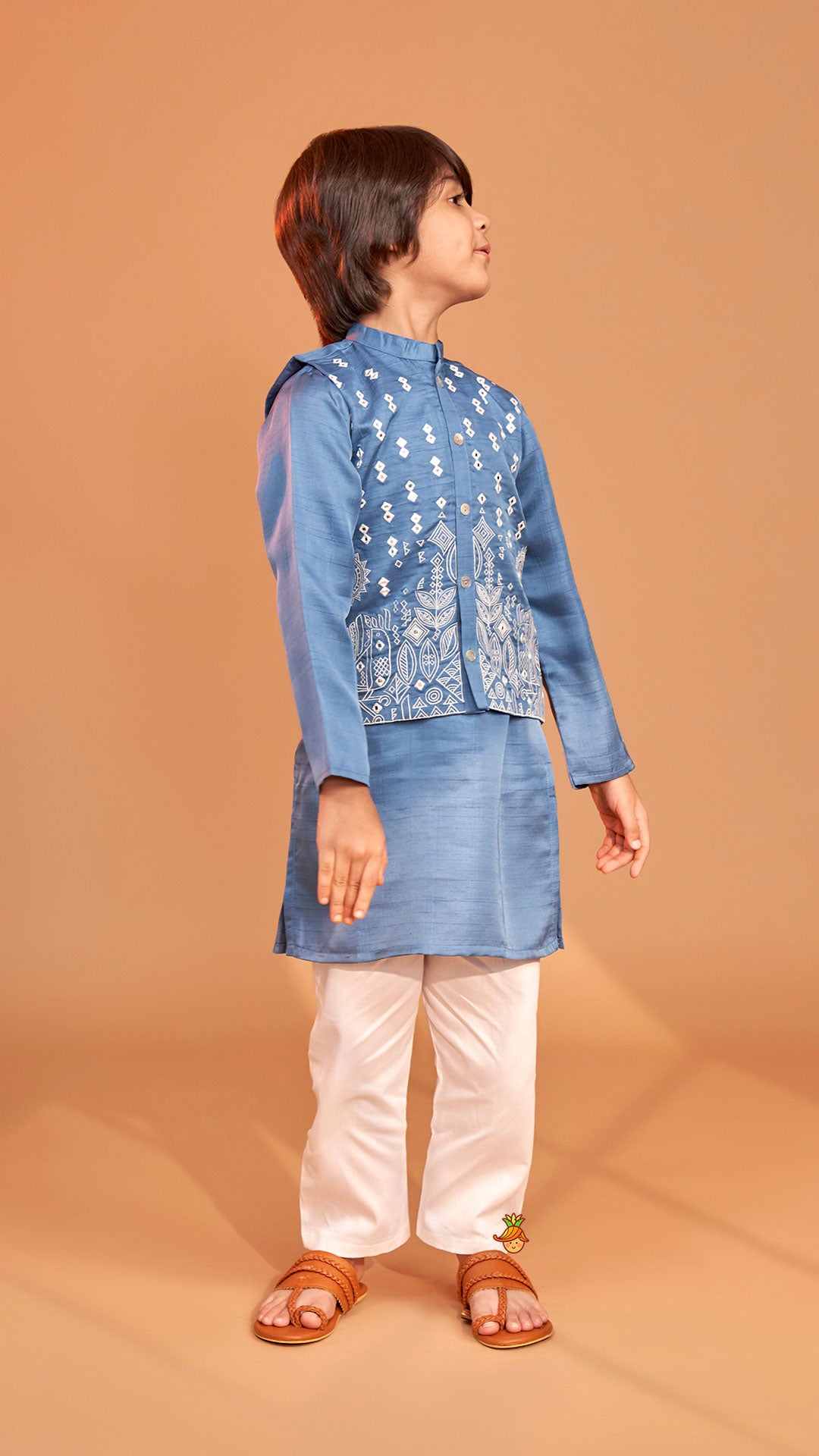 Blue Kurta With Embroidered Jacket And Pyjama